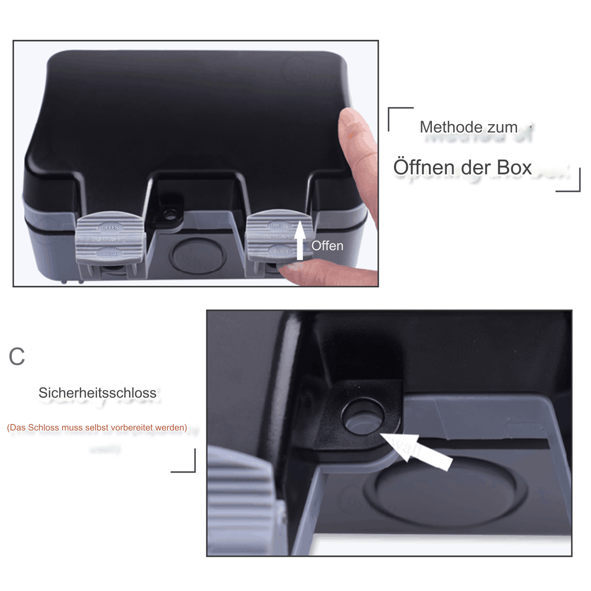 Zwei Bilder, die zeigen, wie man eine Box öffnet. Das erste zeigt Finger, die sie öffnen, das zweite ein Schlossdetail.