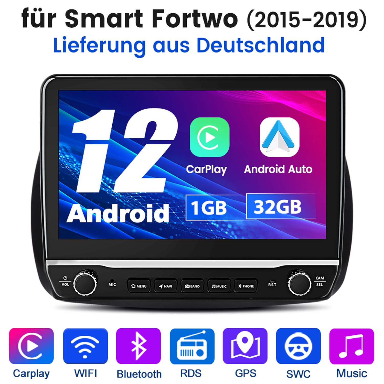 Autoradio mit Bildschirm, Apps, Knöpfen und Text '12 Android 1GB 32GB'.