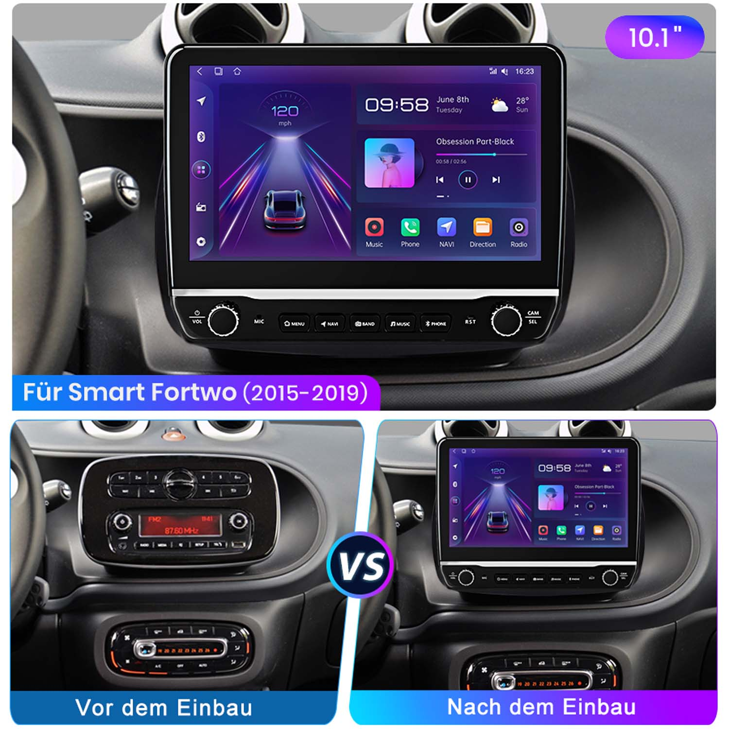 Auto-Multimedia-System-Bildschirm mit Anzeige von Informationen, mit Vorher-/Nachher-Ansichten.