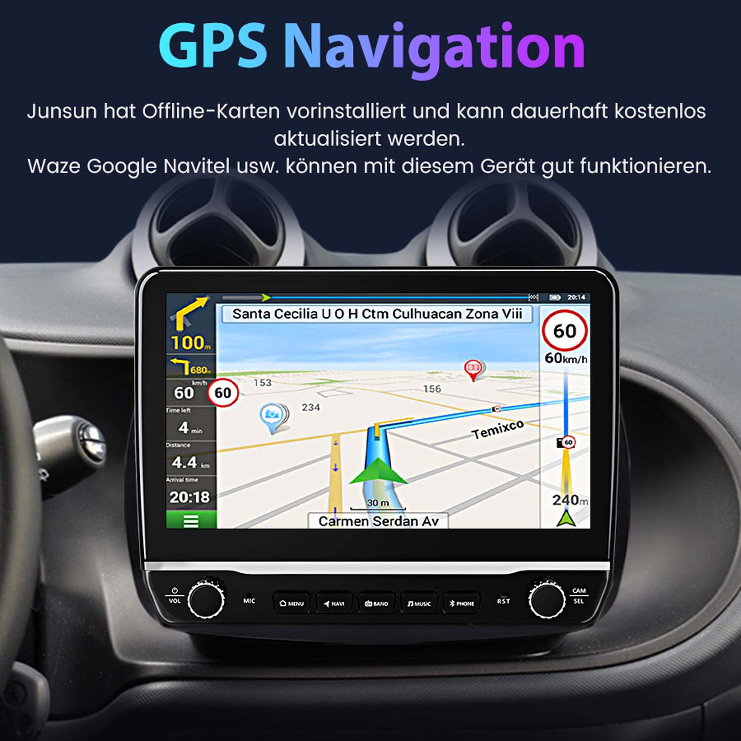 Navigationsbildschirm im Auto mit Richtungs- und Geschwindigkeitsinformationen.
