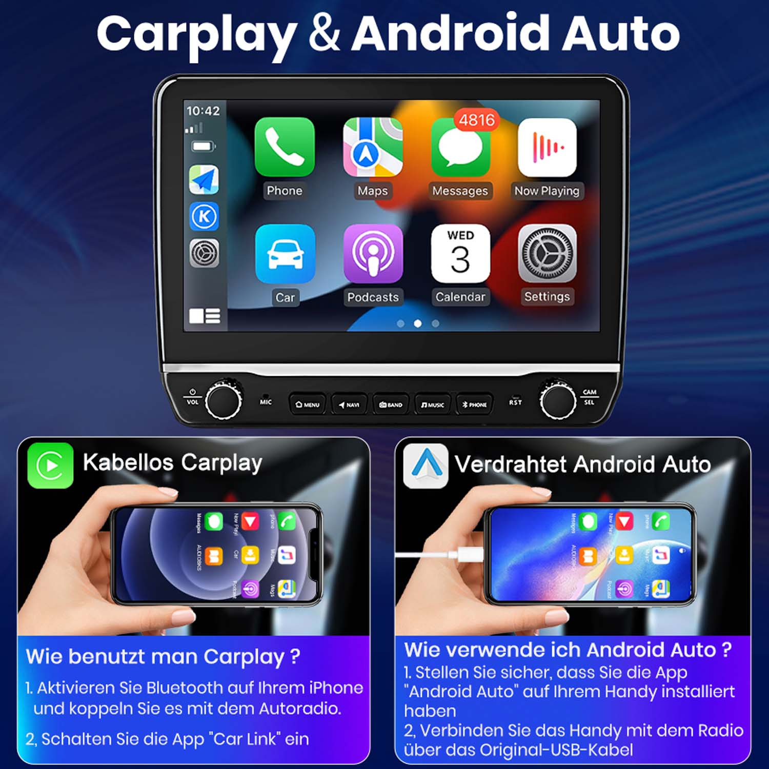 Carplay- und Android Auto-Display im Auto, mit Anweisungen zur Telefonverbindung.