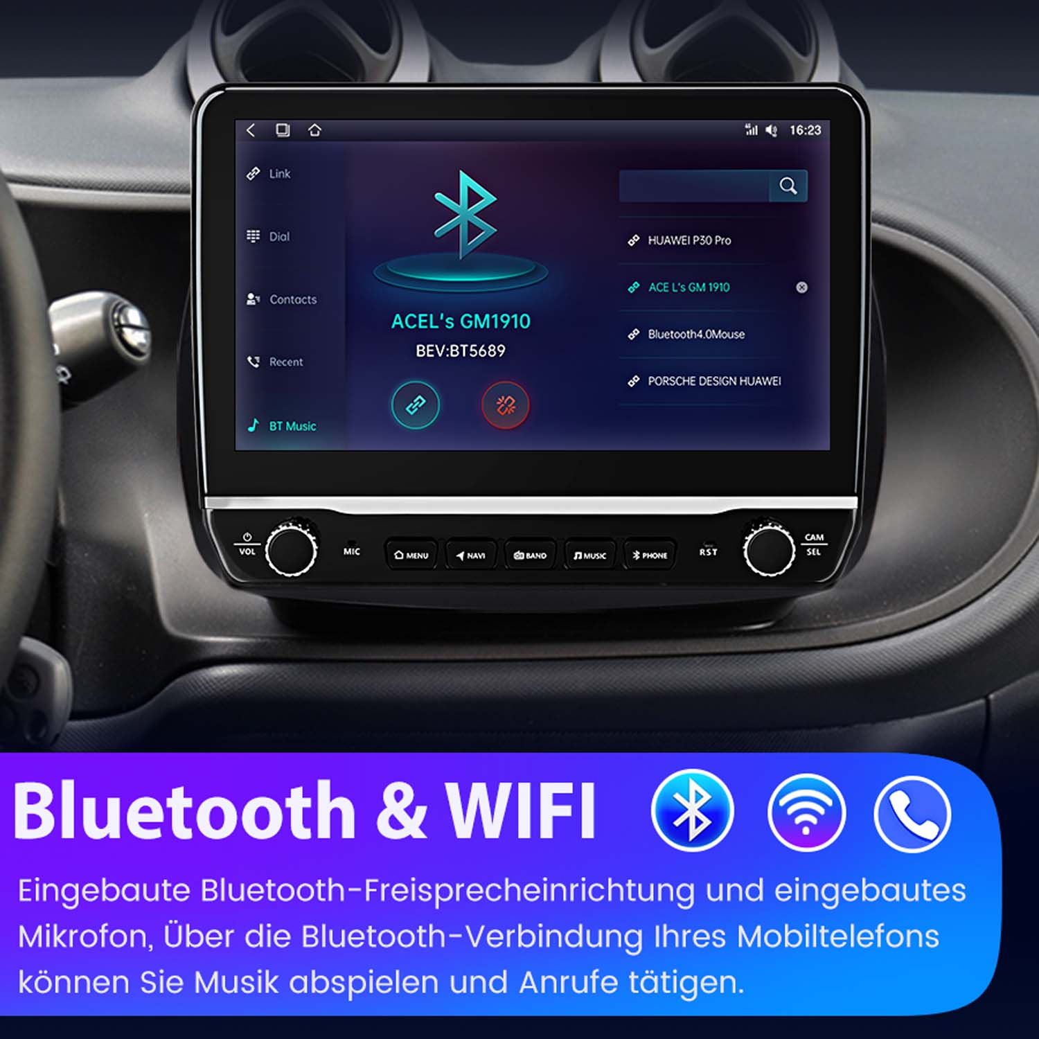 Armaturenbrett eines Autos mit einem Bildschirm, der Bluetooth- und WLAN-Einstellungen anzeigt.