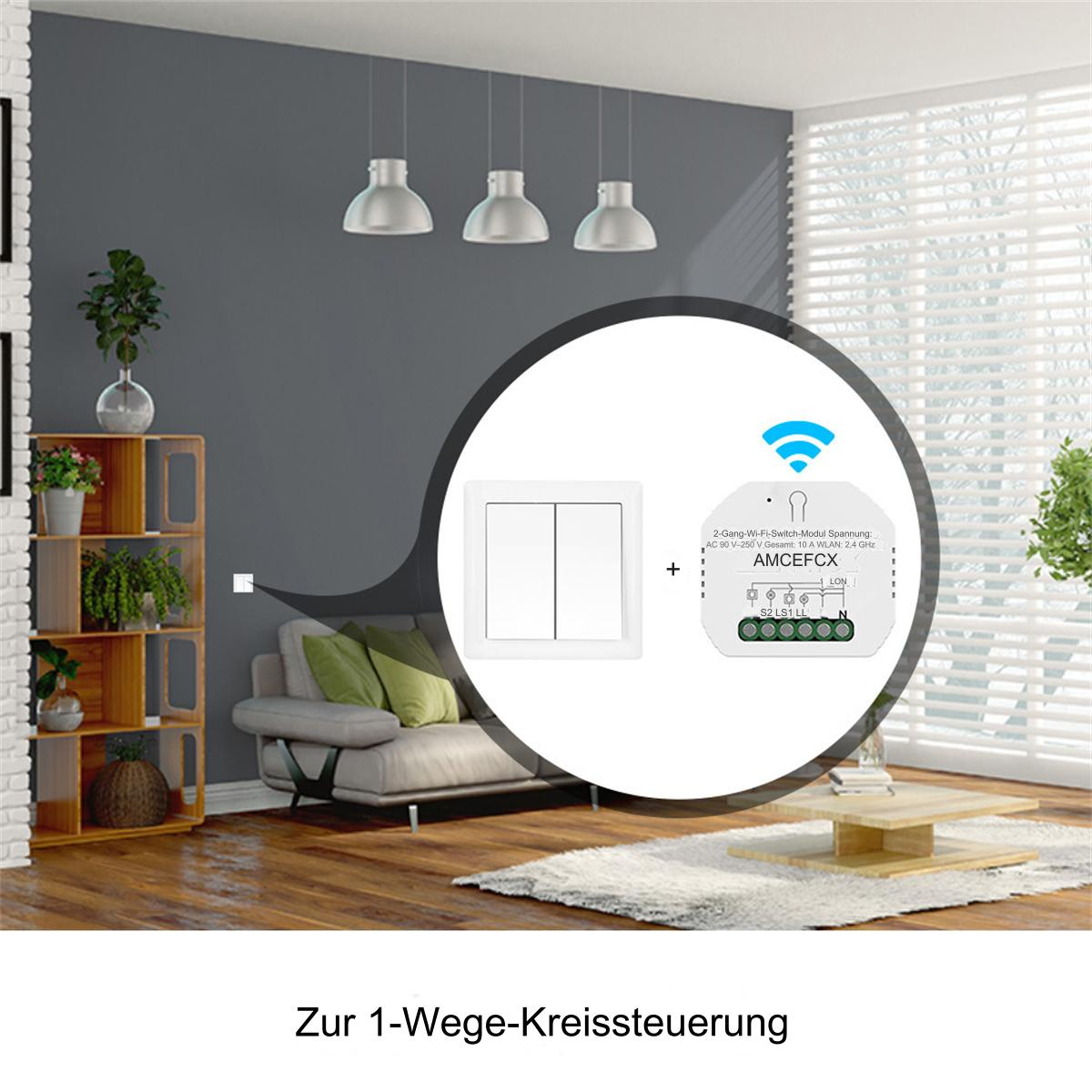 Zwei Lichtschalter und ein Wi-Fi-Schaltermodul mit dem Text 'Zur 1-Wege-Kreissteuerung'.