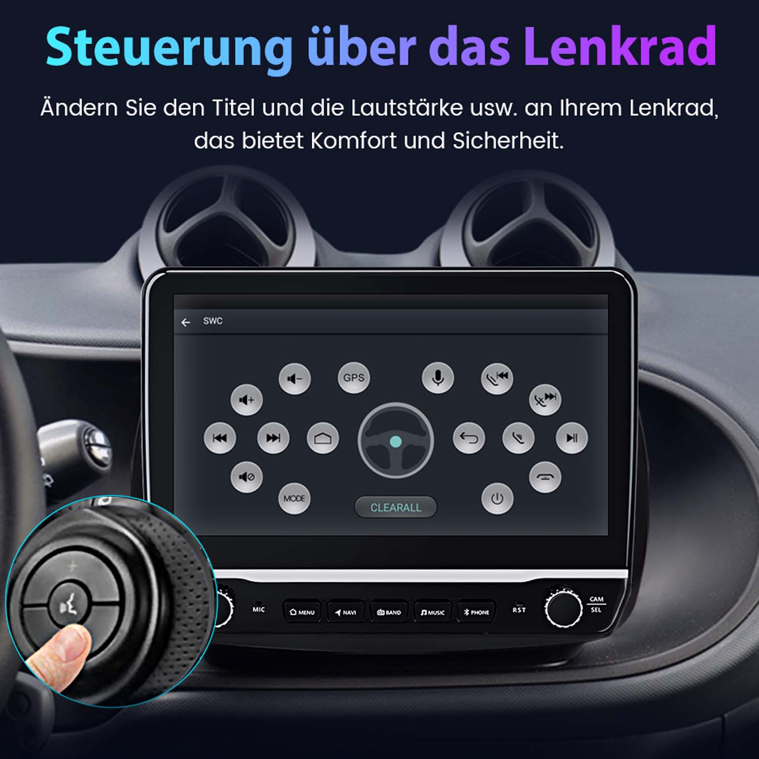 Auto-Infotainment-Bildschirm mit Tasten. Eine Hand drückt eine Taste. Text: 'Steuerung über das Lenkrad'.