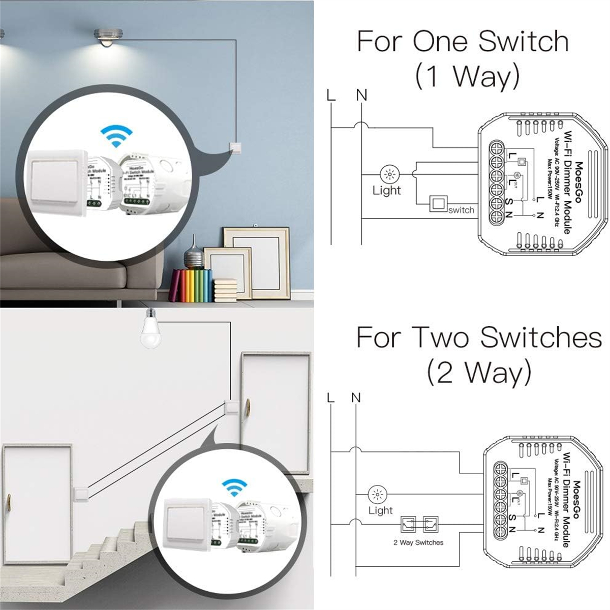 Diagramme zeigen die Verdrahtung für einen Smart Switch. Eines für einen einzelnen Schalter, eines für zwei Schalter.