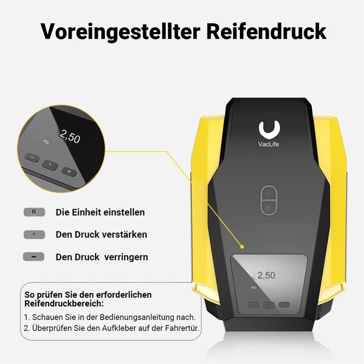 Ein Luftkompressor mit gelb-schwarzem Design, Digitalanzeige und Textanweisungen.