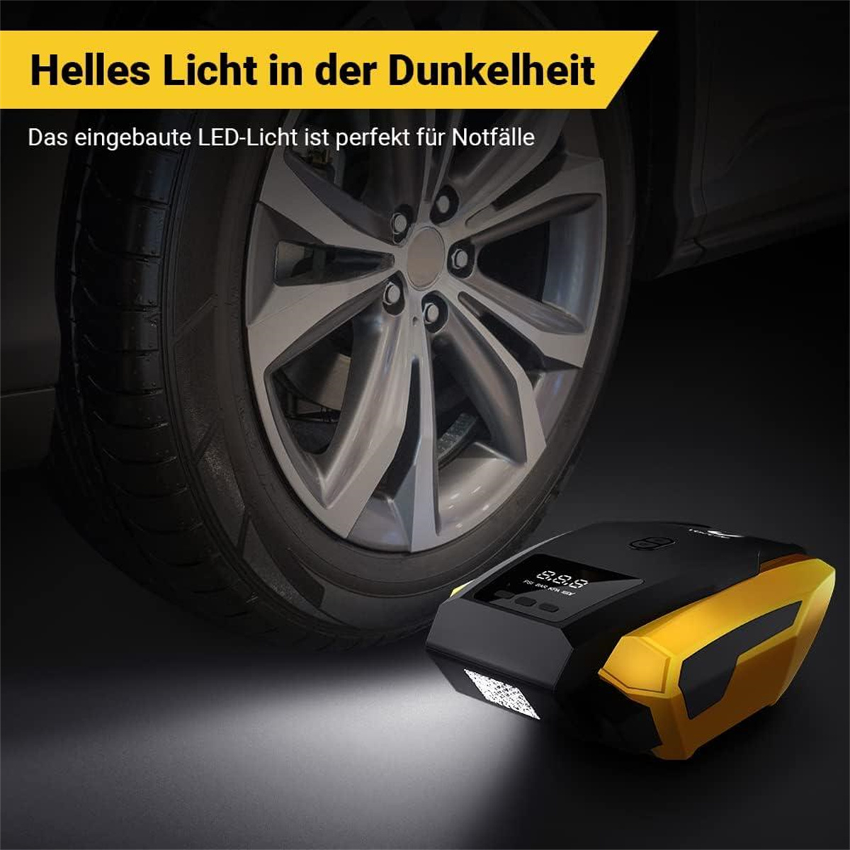 Autoreifen neben einer gelb-schwarzen LED-Leuchte.