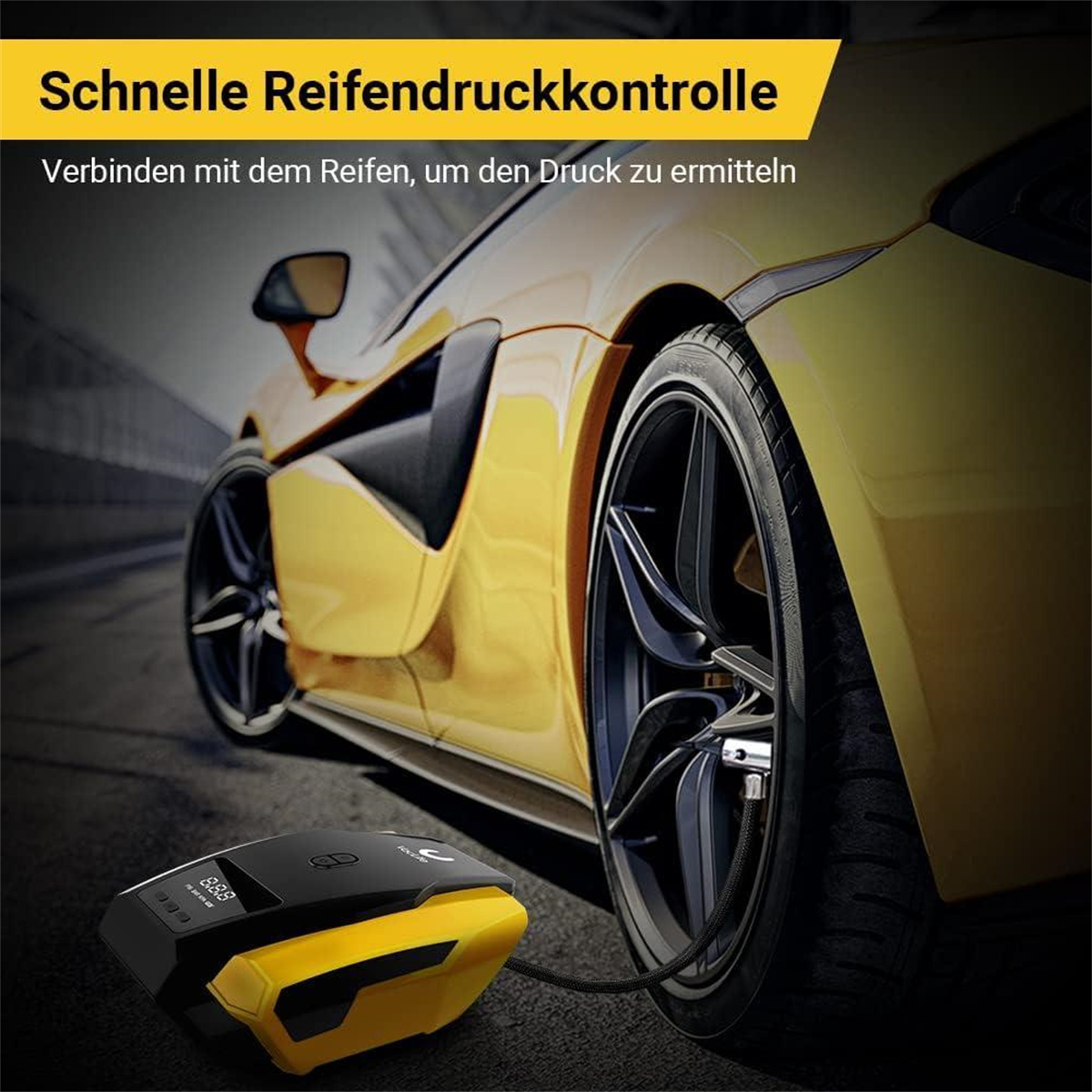 Ein gelbes Gerät, das einen Reifen neben dem Rad eines gelben Autos aufpumpt.