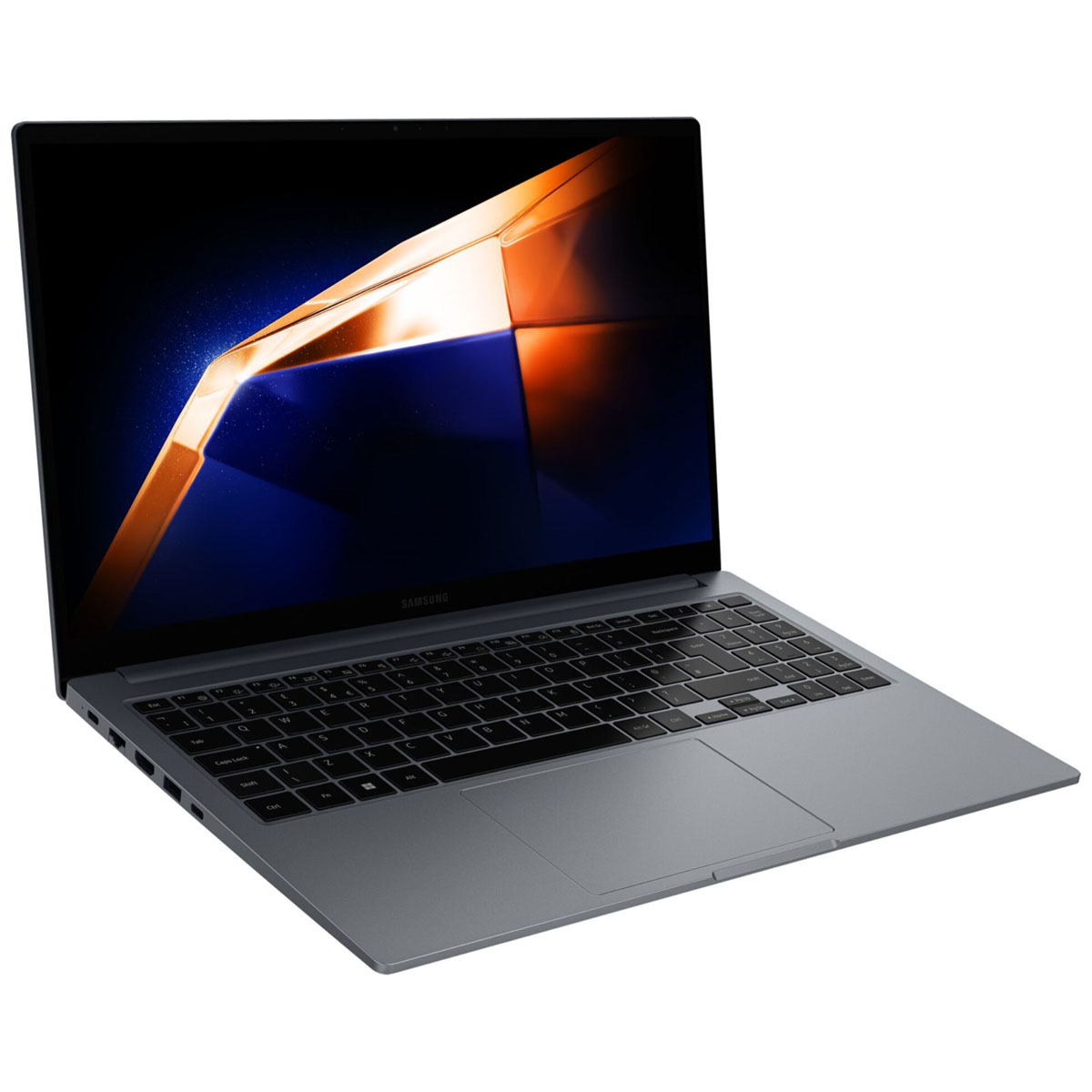 Ein geöffneter, grauer Samsung-Laptop mit schwarzer Tastatur und einem Bildschirm mit abstraktem Design.