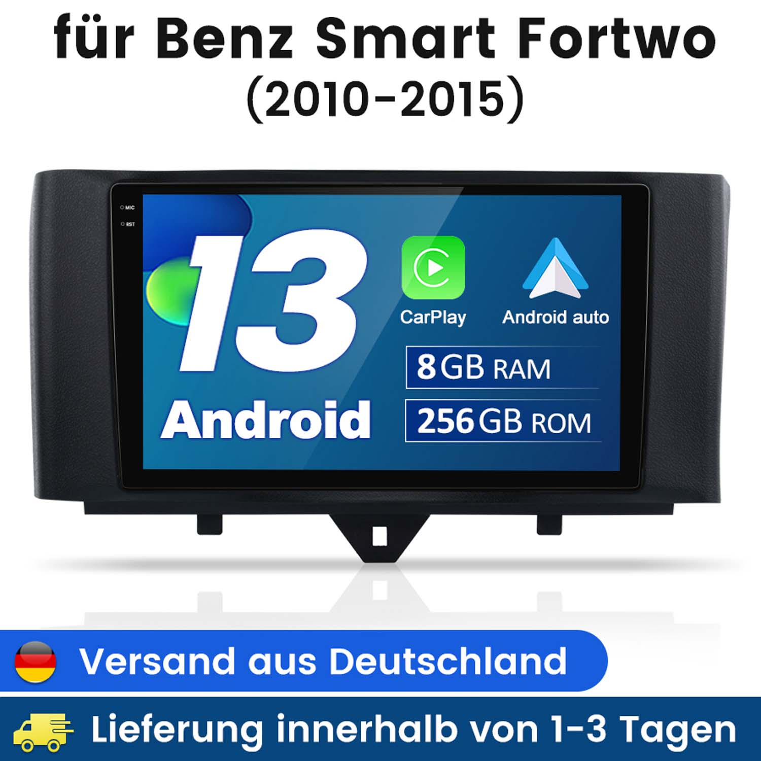 Autoradiobildschirm mit Android Auto und CarPlay, plus 8 GB RAM, 256 GB ROM.