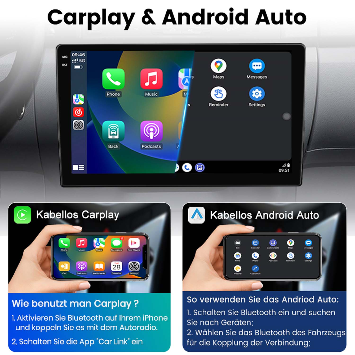 Carplay und Android Auto auf dem Bildschirm eines Armaturenbretts. Anweisungen unten.