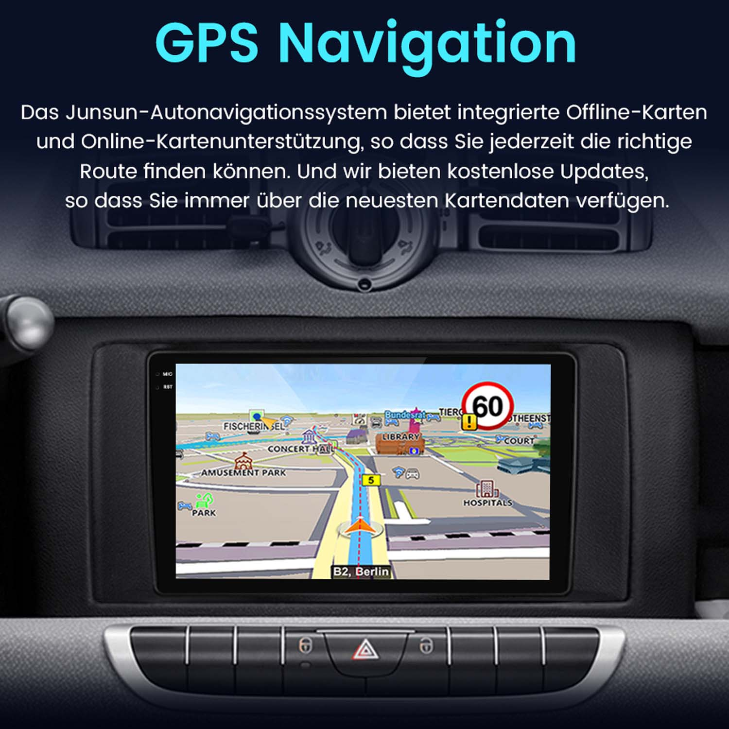 GPS-Navigationsbildschirm in einem Auto. Der Bildschirm zeigt eine Karte mit einer Route und Wegbeschreibungen.
