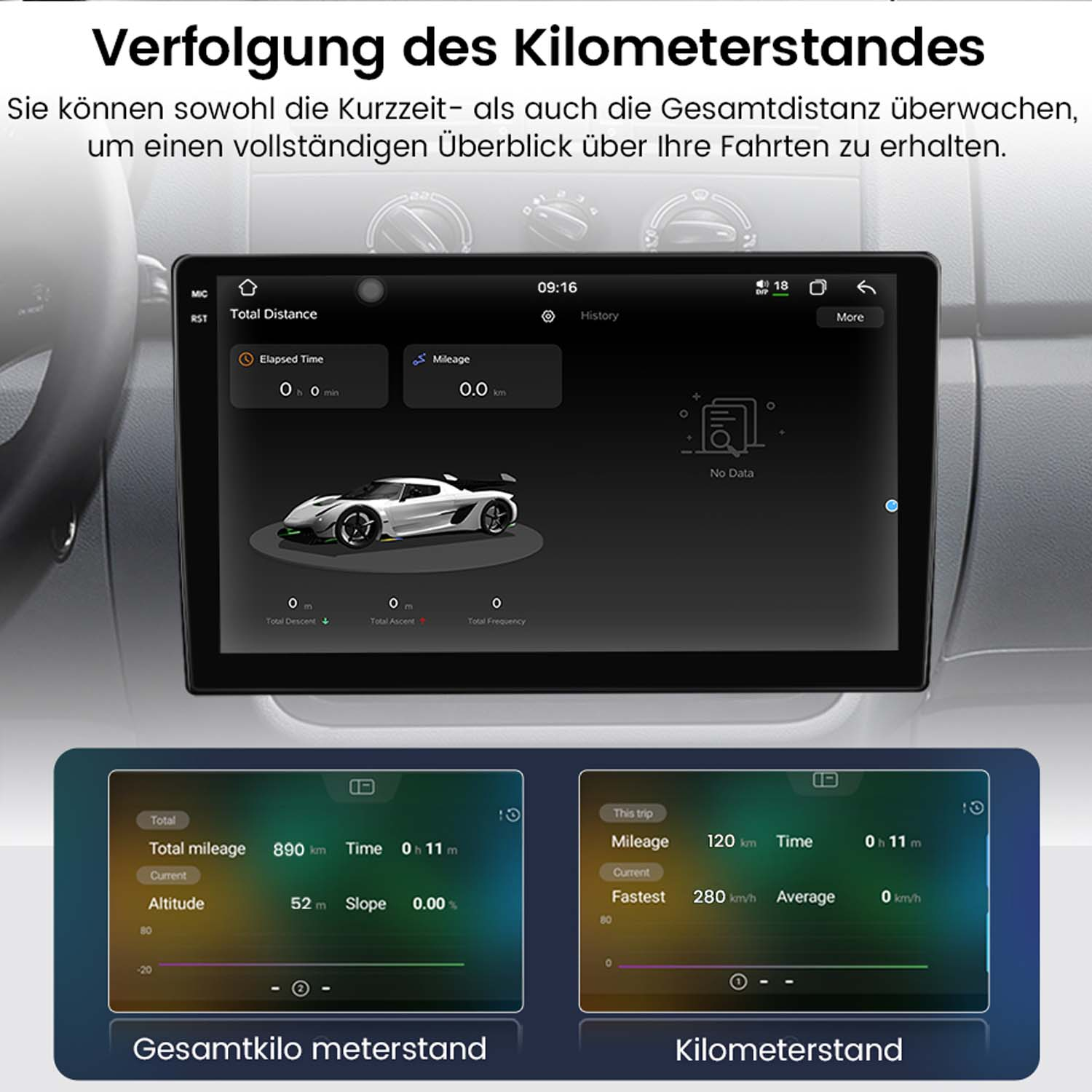 Auto-Armaturenbrettanzeige mit Gesamtdistanz, Kilometerstand und Fahrtdaten. Zwei kleinere Bildschirme zeigen Kilometerstand und Zeit.