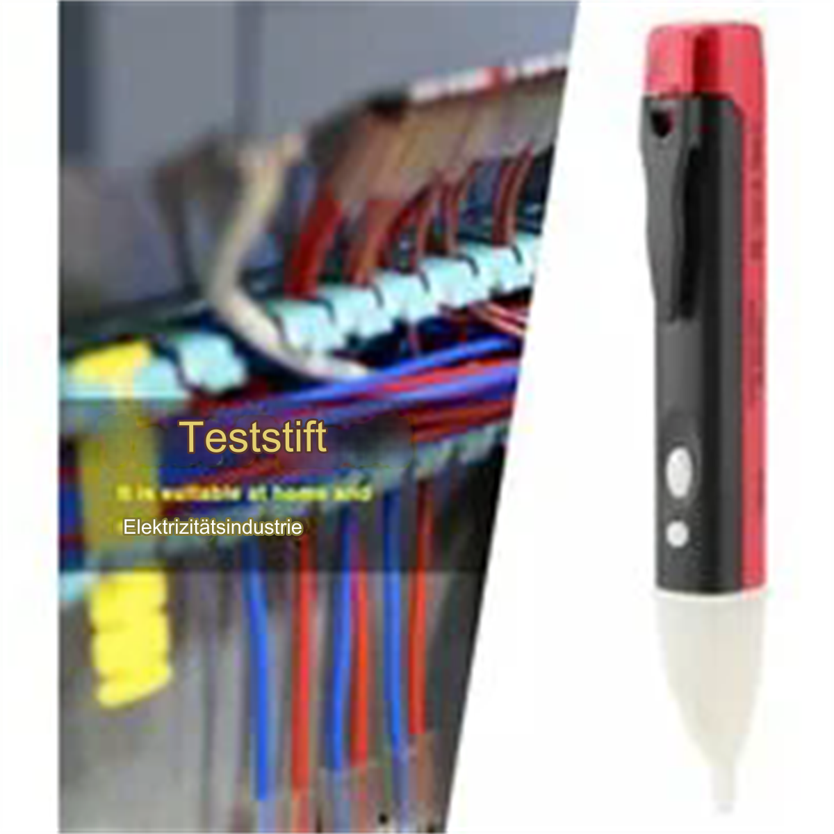 Roter und schwarzer Spannungstester-Stift. Drähte im Hintergrund.