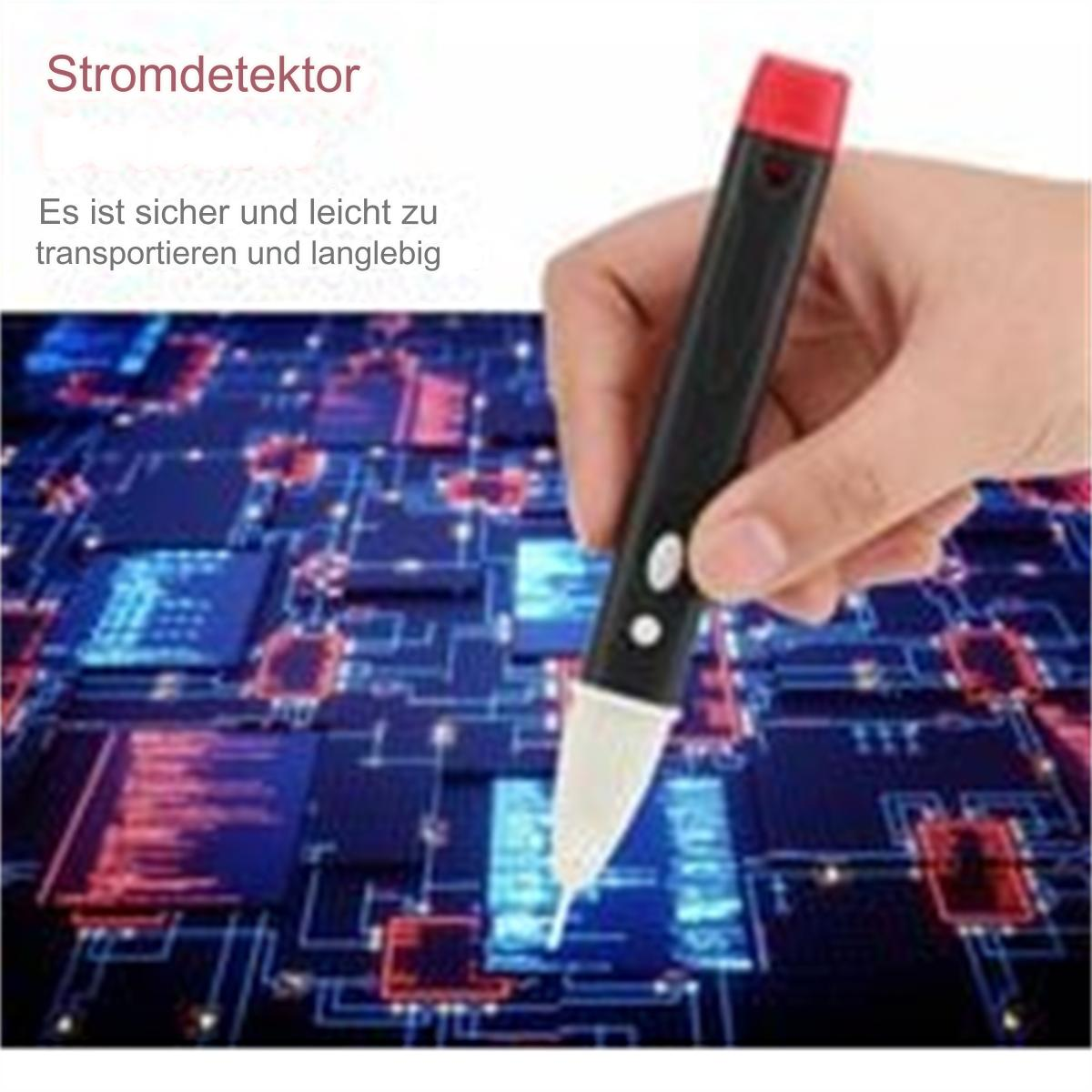 Hand hält einen schwarz-roten Elektrizitätsprüfstift über einer blauen Leiterplatte.