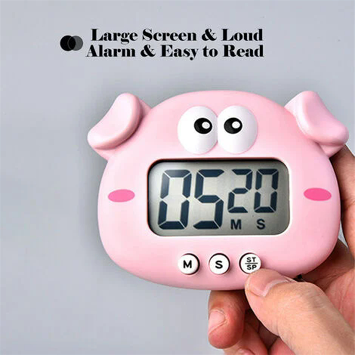 Ein rosa schweineförmiger Timer mit digitaler Anzeige 05:20, Text: 'Großer Bildschirm & lauter Alarm'.