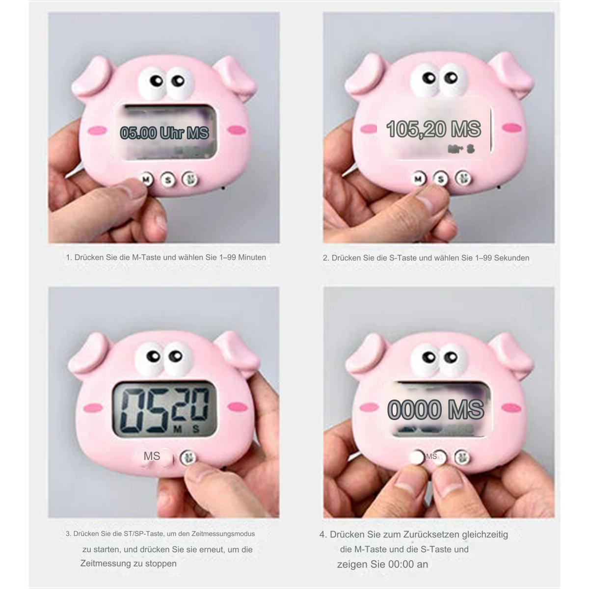 Pinker Schweinetimer zeigt Zeit. Hand drückt Knöpfe. Anzeige wechselt von 05.00 auf 0000 MS.