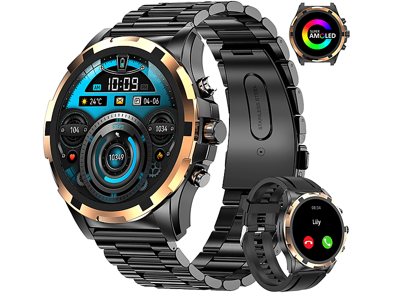 RAYOFI HK98 Smartwatch Rostfreier Stahl, 220 mm, Schwarz/Silver