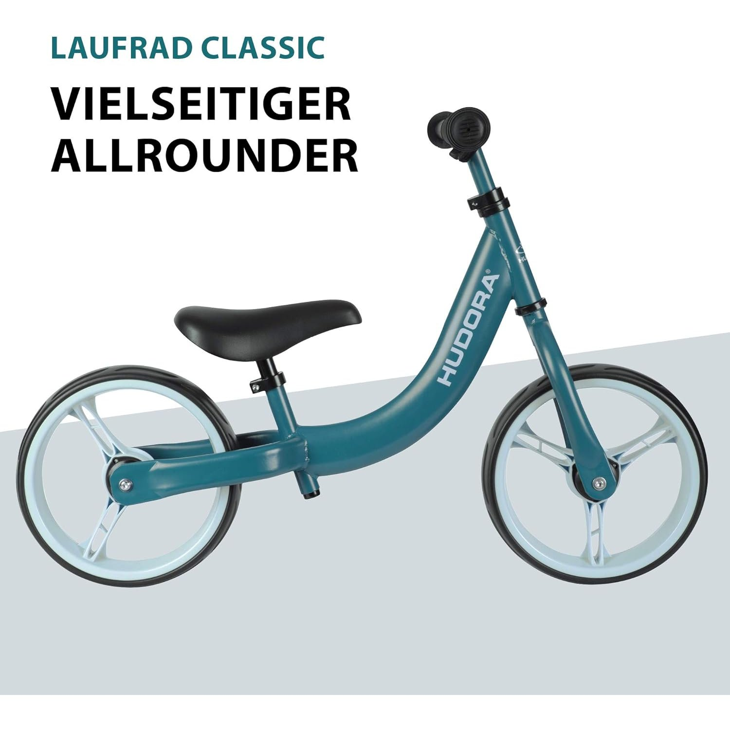 Türkises Laufrad mit weißen Rädern auf weißem Untergrund. Text: Laufad Classic Vielseitiger Allrounder.