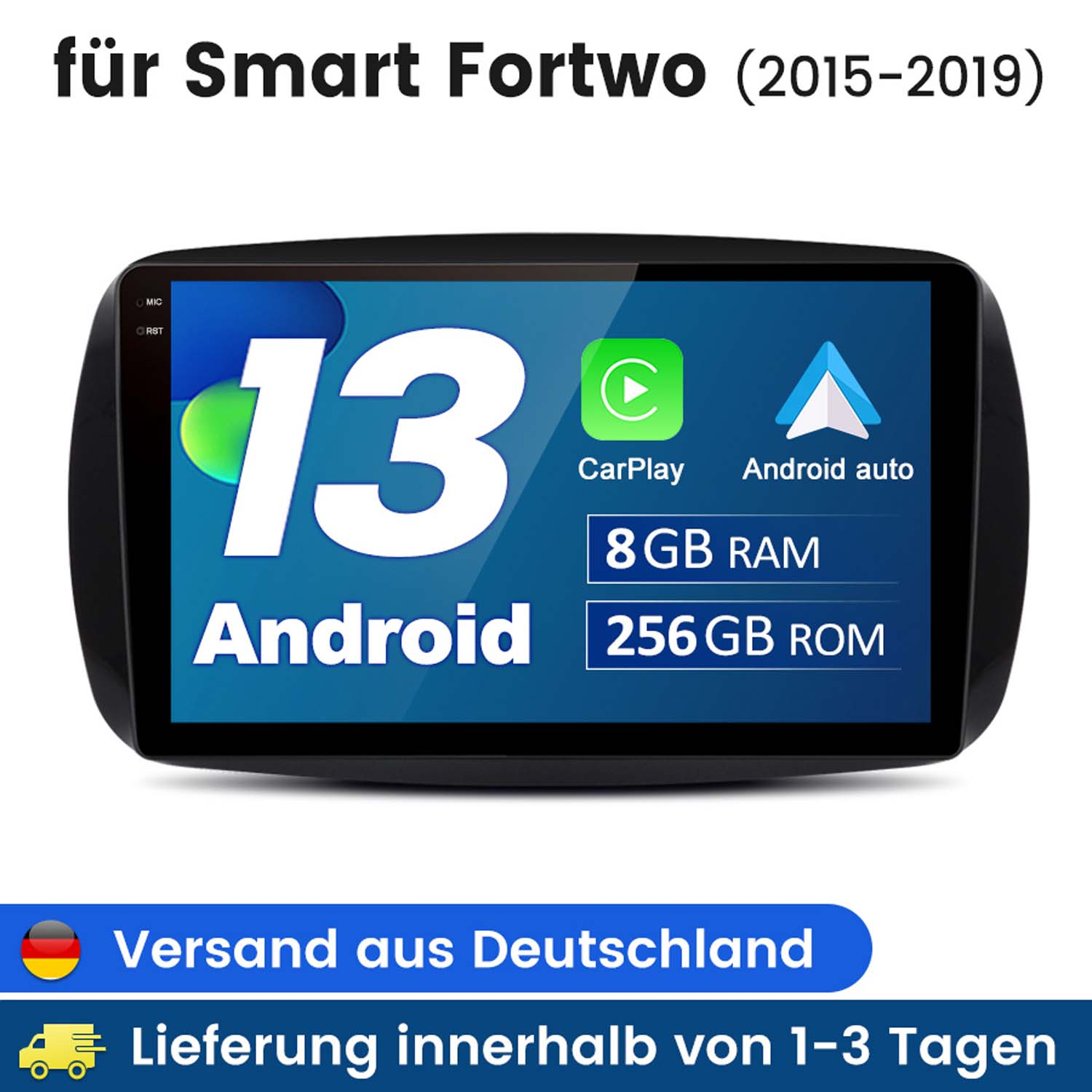 Autoradio-Bildschirm mit Android-Oberfläche, CarPlay, 8 GB RAM, 256 GB ROM. Text auf Deutsch.