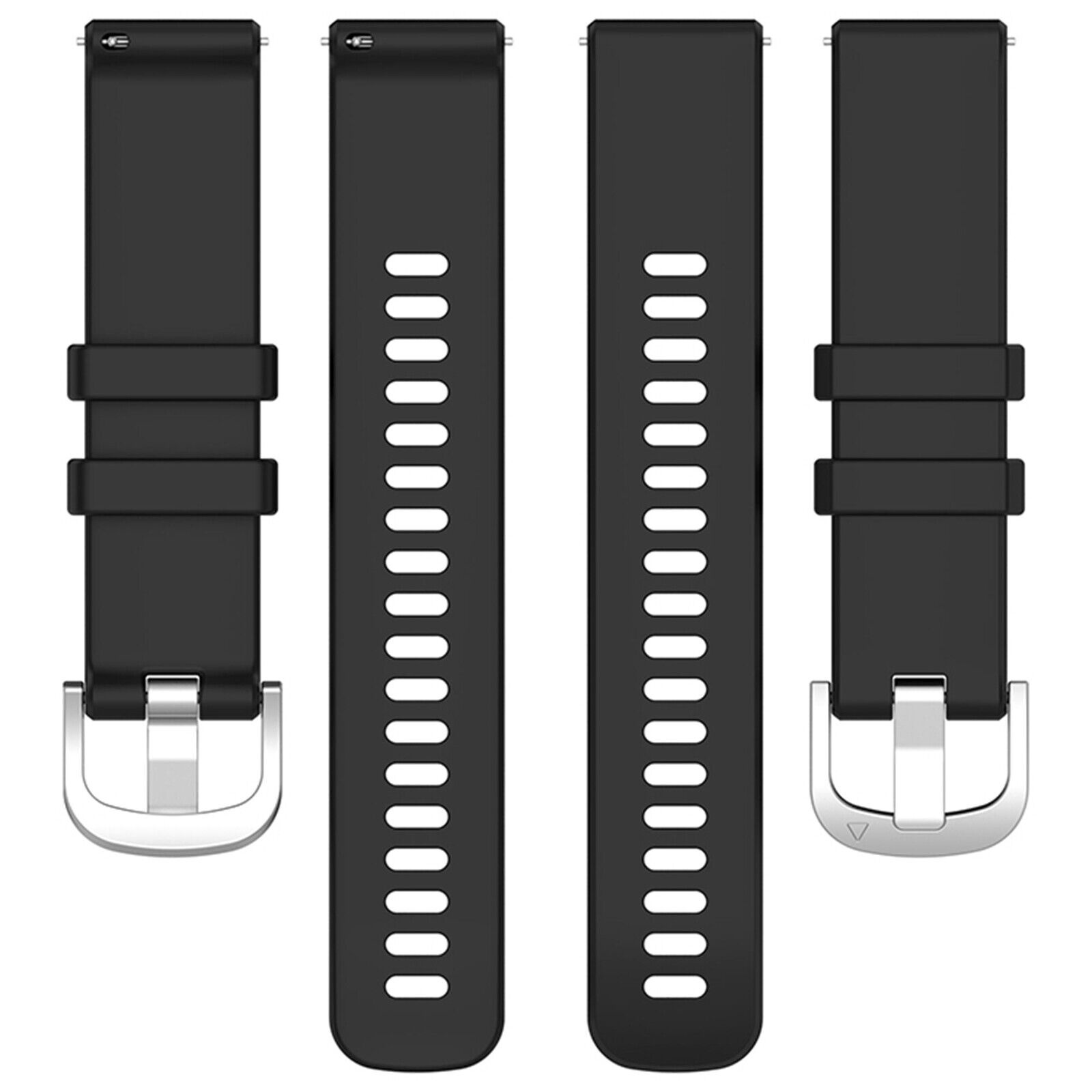 Schwarze Uhrenarmbänder, zwei mit Löchern und zwei mit Schnallen. Weißer Hintergrund.