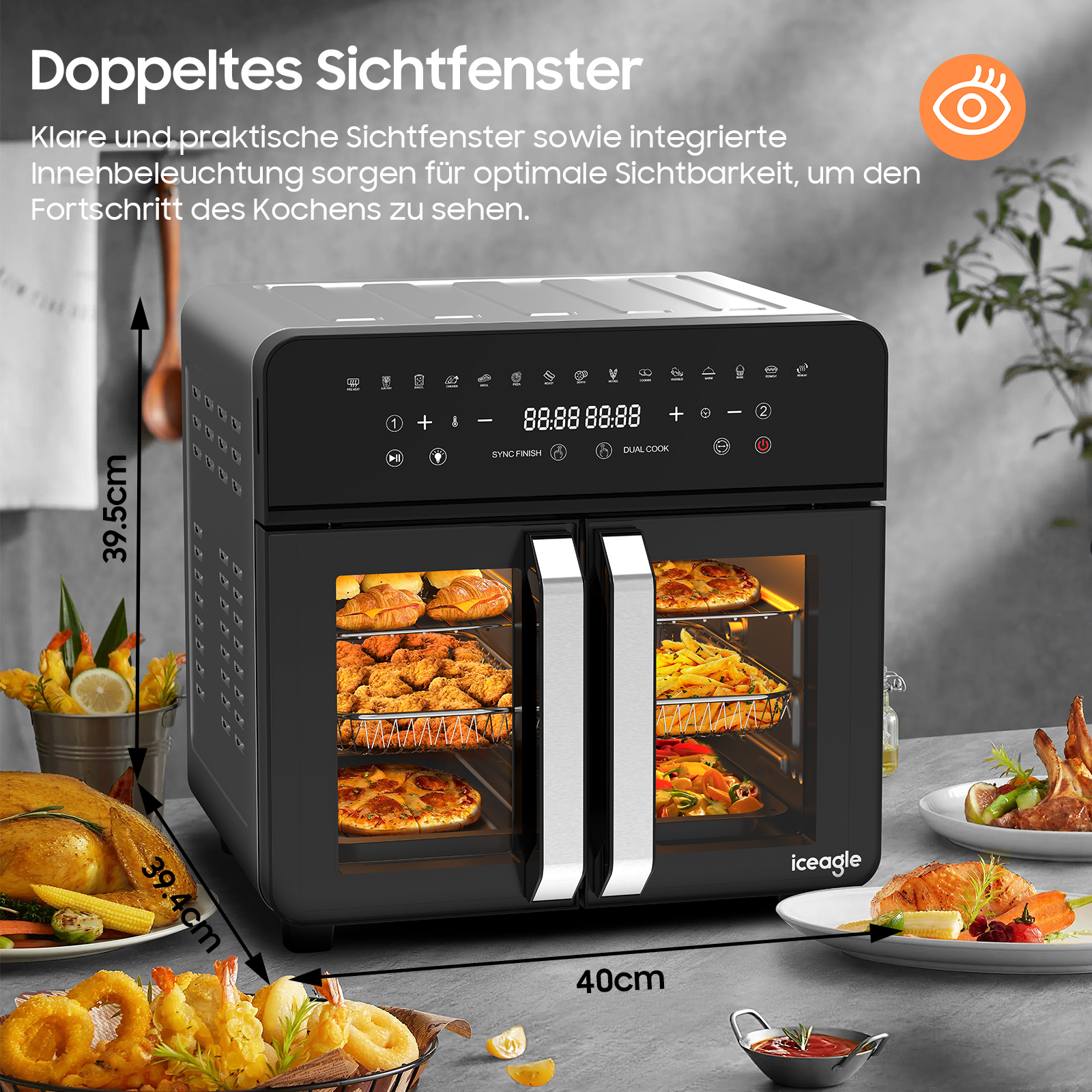 Schwarze Heißluftfritteuse mit Speisen. Abmessungen gezeigt. Essen: Gebratenes und Pizza.