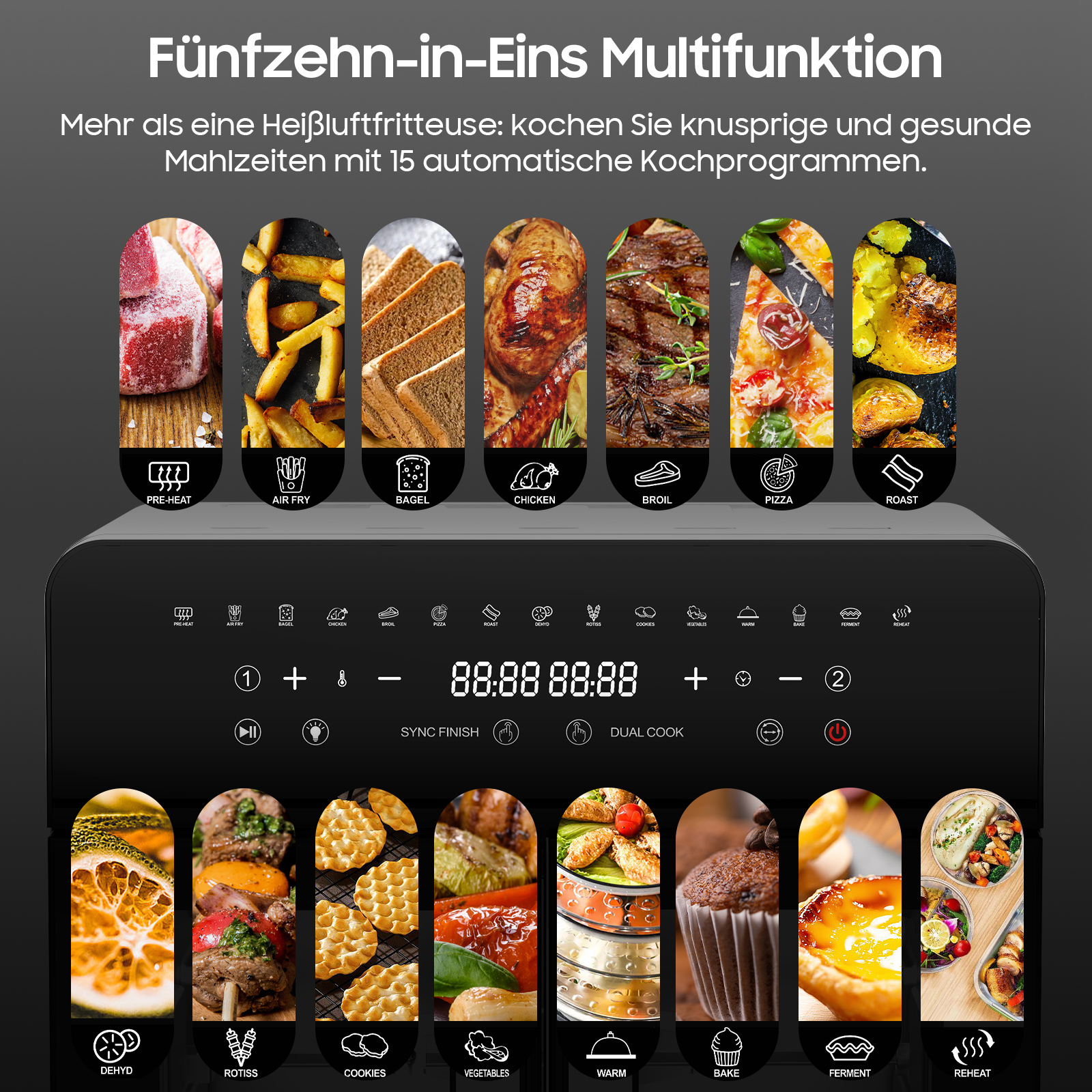 Eine Heißluftfritteuse mit verschiedenen Essenssymbolen und digitaler Anzeige. Es gibt viele Kochprogramme.