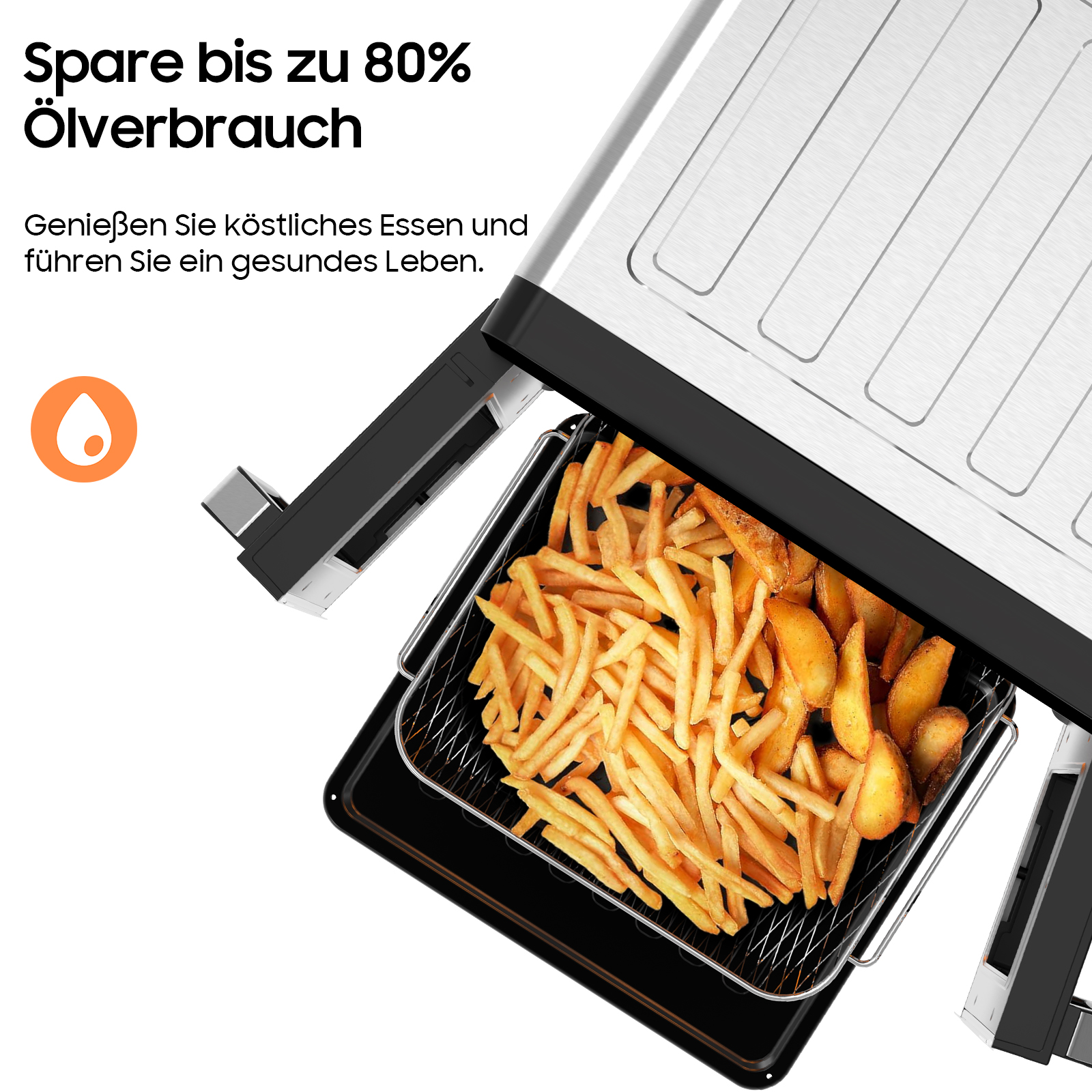 Heißluftfritteuse mit Pommes Frites im Korb und Text zum Ölverbrauch.