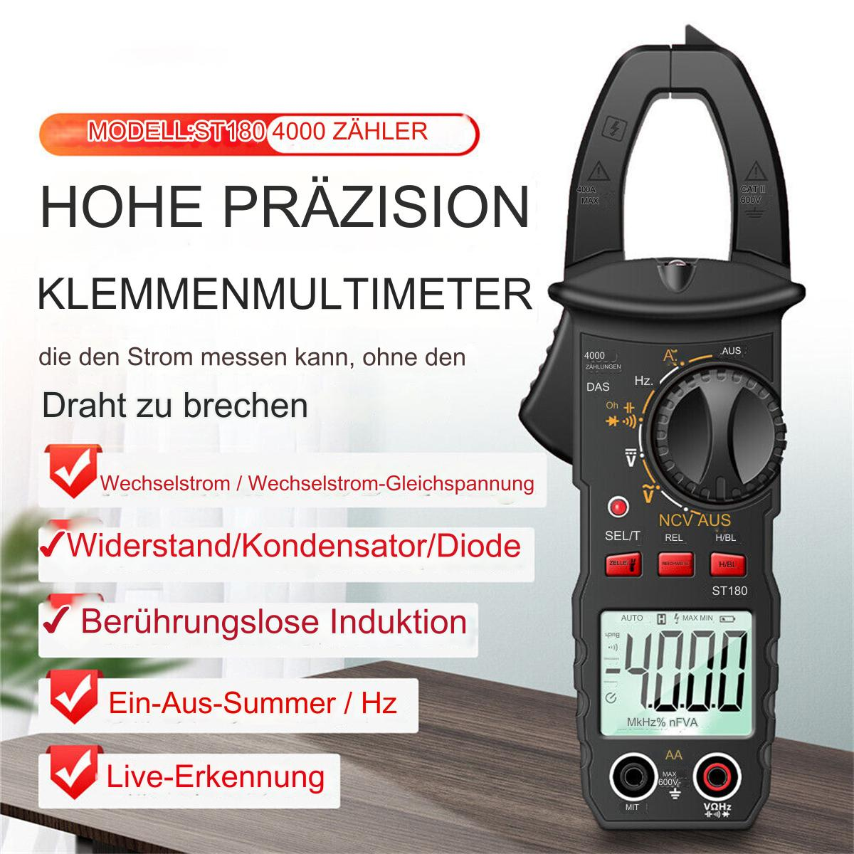 Ein Zangenmultimeter mit Text und Häkchen, die seine Funktionen und Modellinformationen anzeigen.
