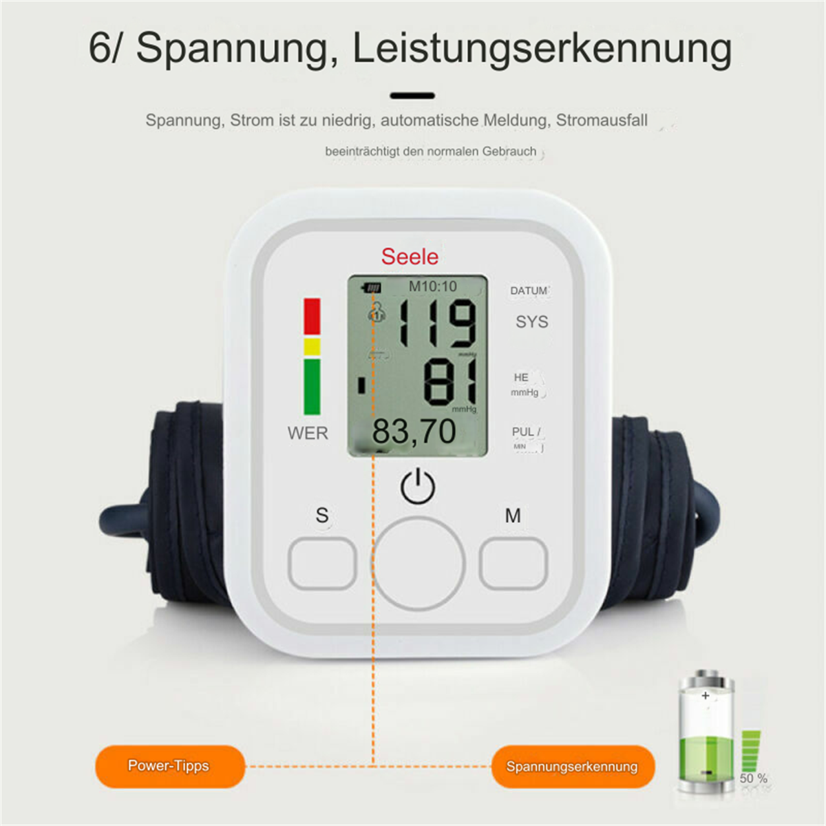 Ein digitales Blutdruckmessgerät, das Messwerte und einen Batteriestand anzeigt.