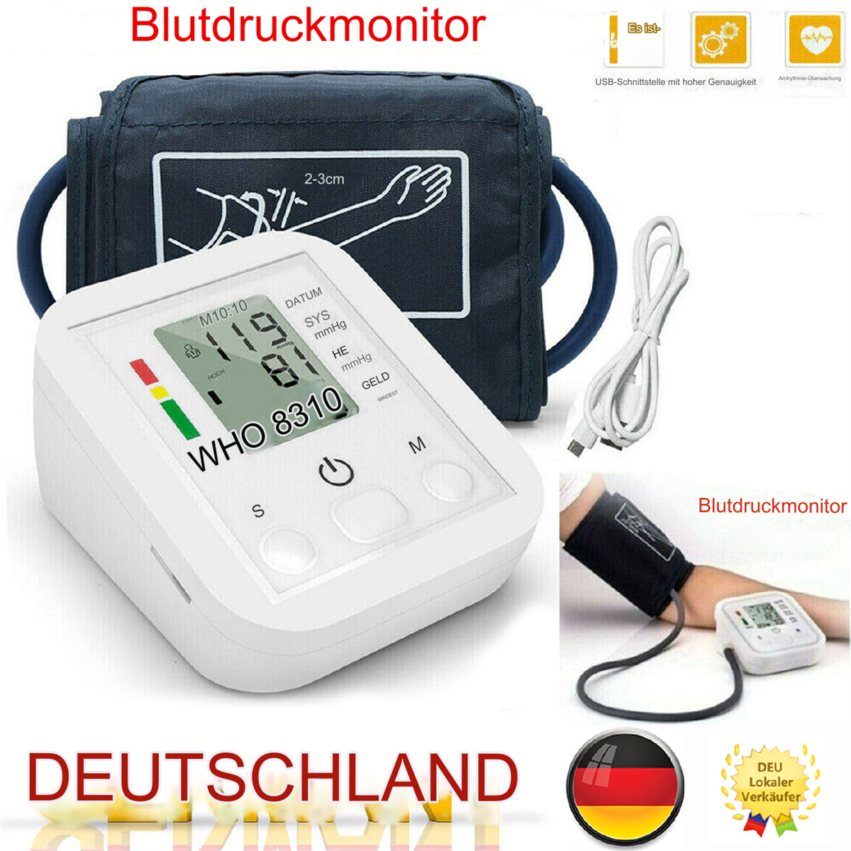 Ein Blutdruckmessgerät mit Manschette und Anzeige, mit deutschem Text.