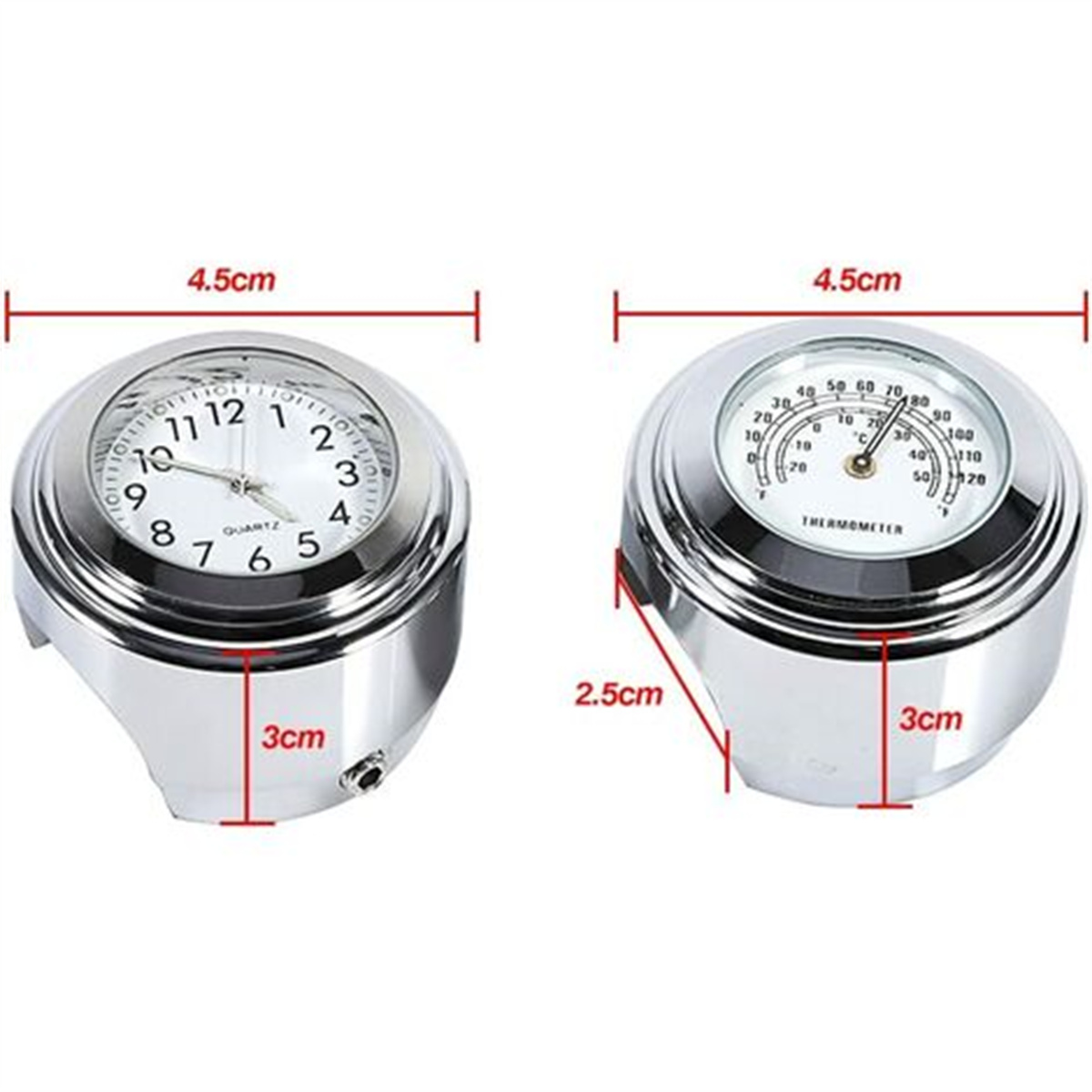 Zwei verchromte Motorradanzeigen: eine Uhr und ein Thermometer, mit Abmessungen in Zentimetern.