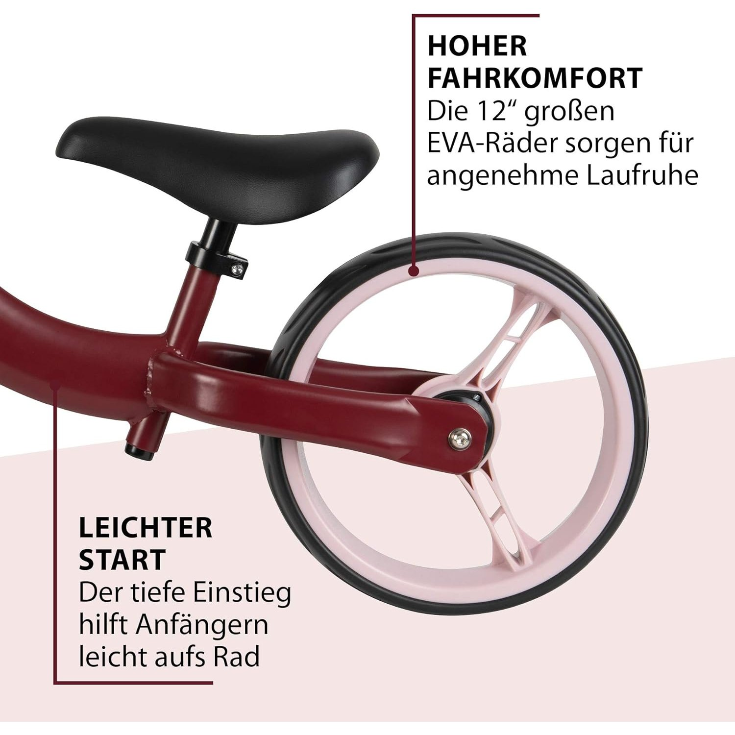 Rotes Laufrad. Text zeigt leichten Start und komfortables Fahren mit 12" Rädern.
