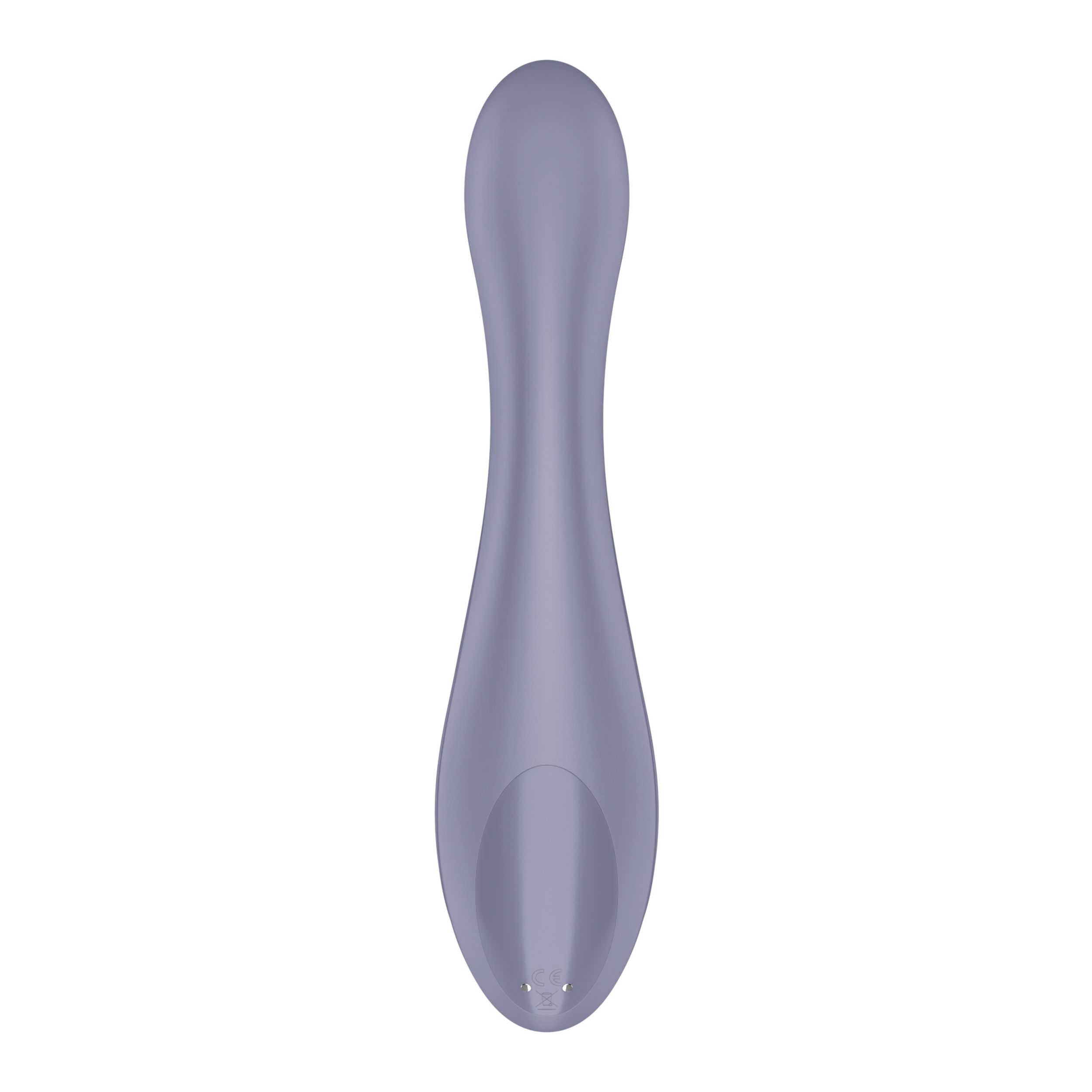 Vibrador morado sobre fondo blanco. Forma alargada con extremo redondeado.