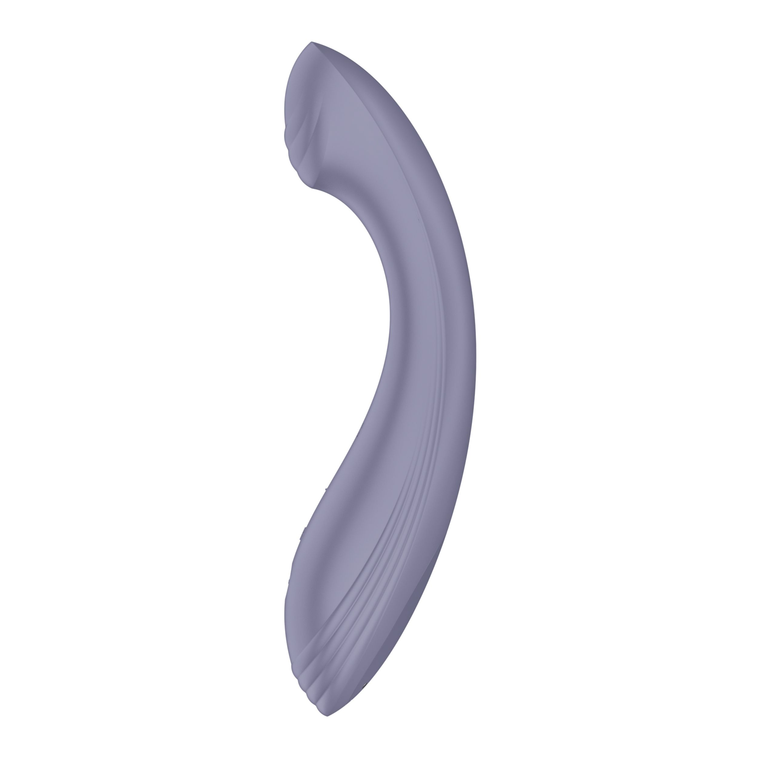 Un objeto curvo de color lavanda con un diseño acanalado sobre un fondo blanco.
