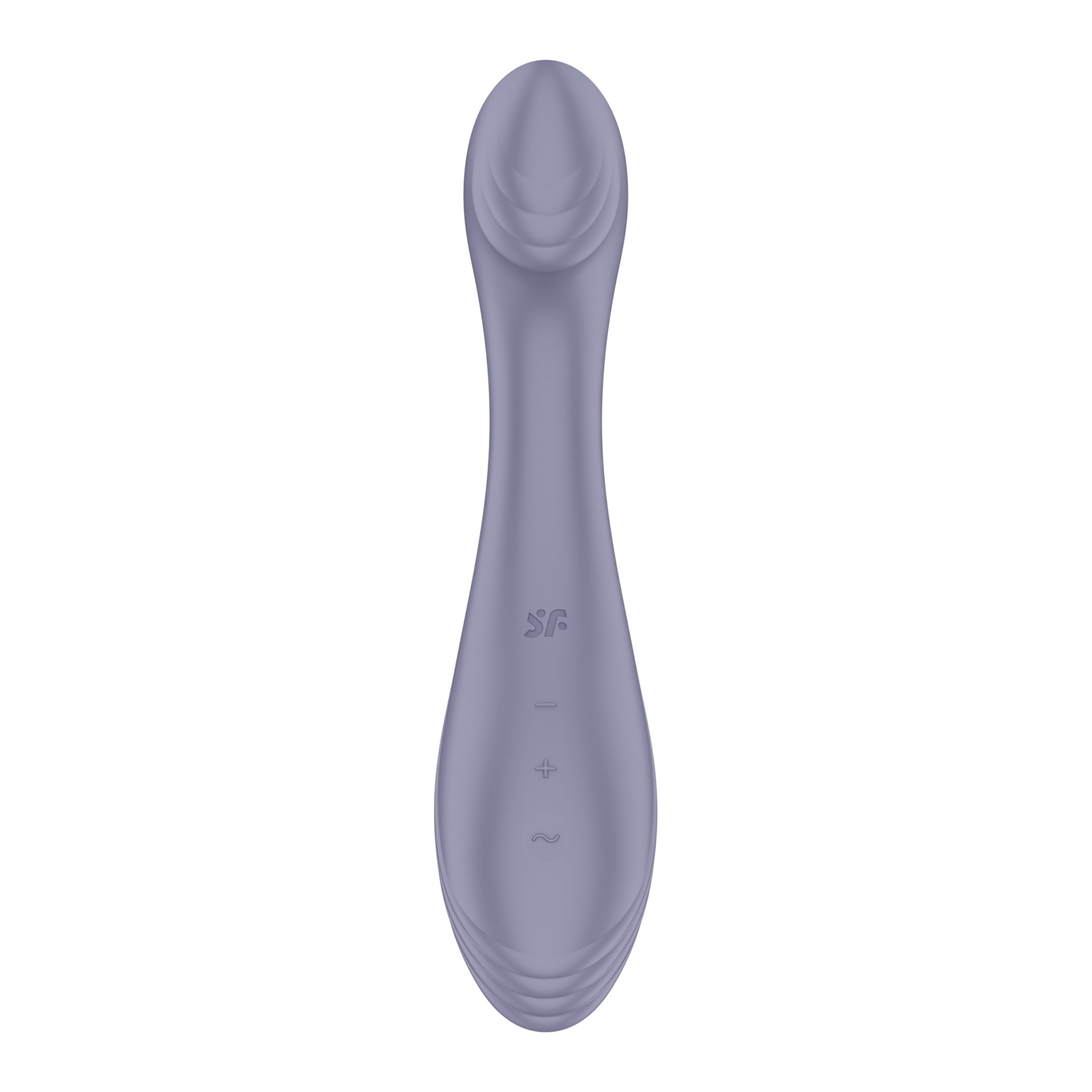 Un vibrador color lavanda con forma curvada, sobre un fondo blanco.