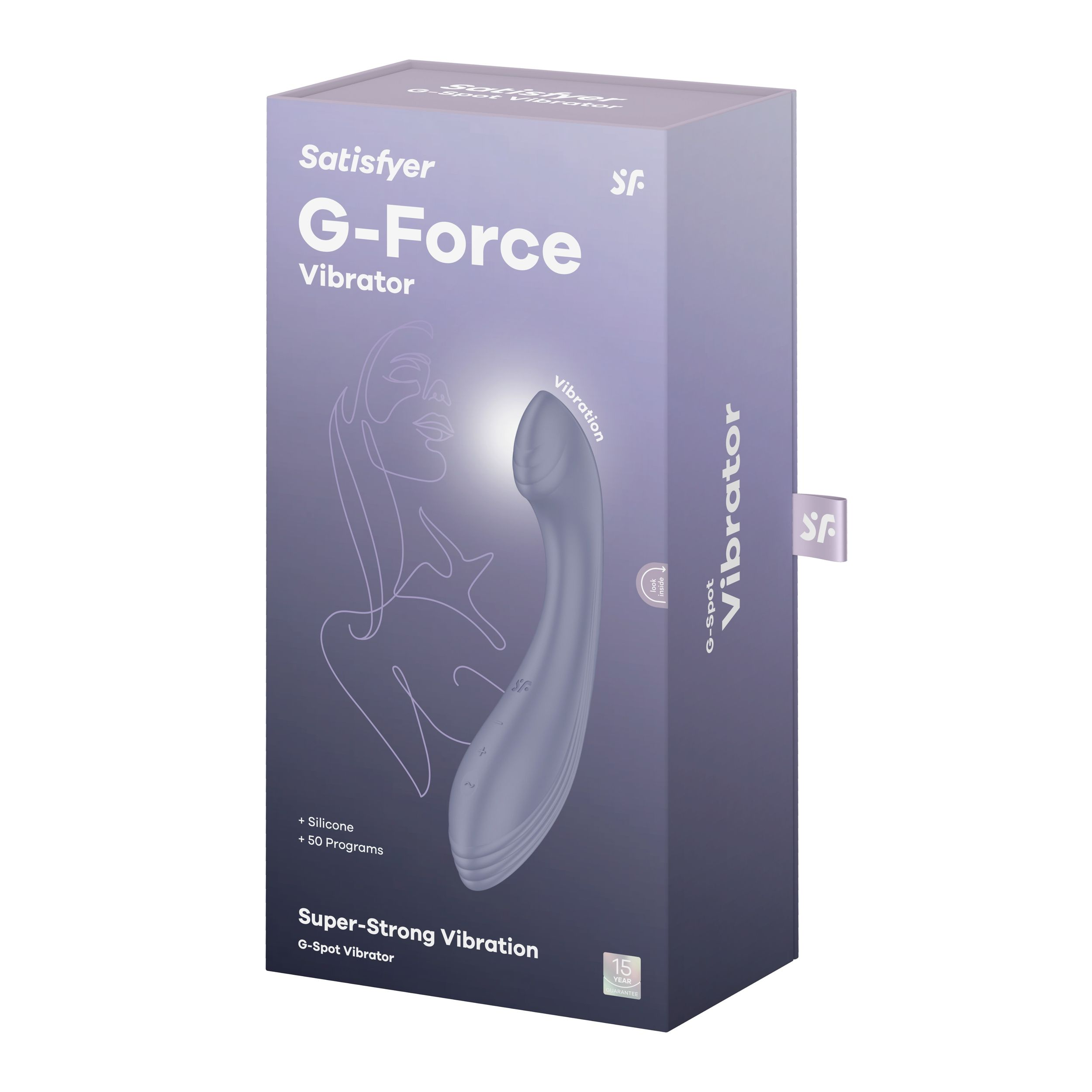 Caja del vibrador Satisfyer G-Force. Tiene un dibujo de una mujer y el nombre del producto.
