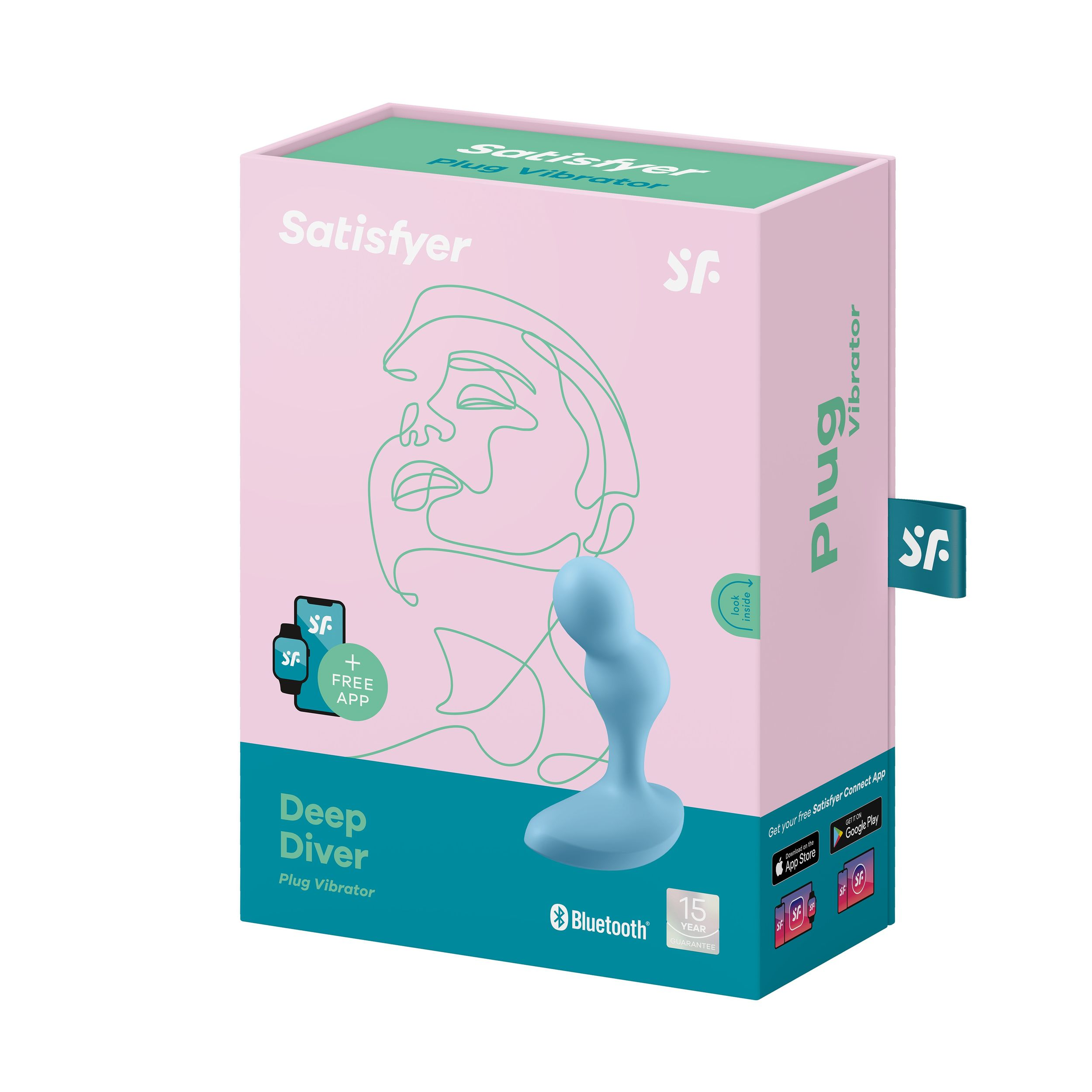 Schachtel des Satisfyer Deep Diver Vibrators. Hellrosa und blaue Farben.