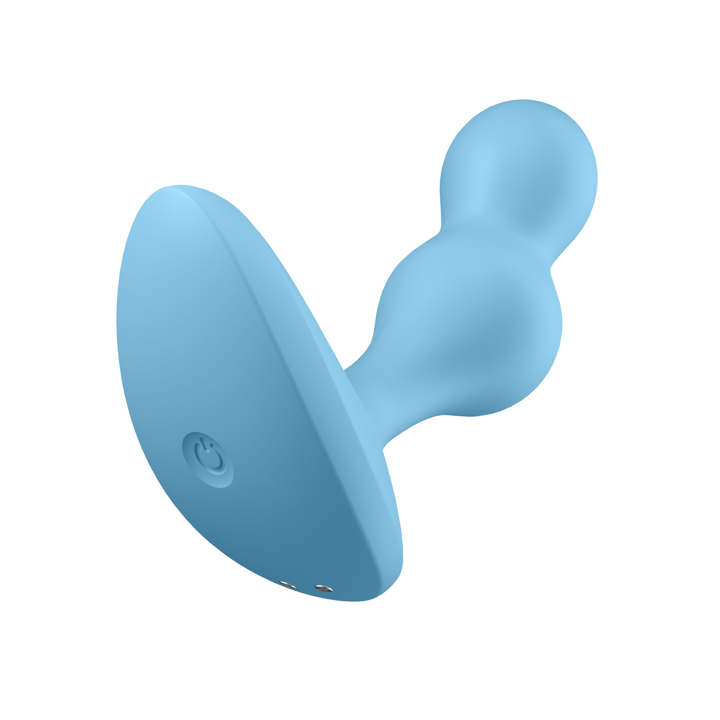 Ein hellblaues Sexspielzeug, geformt wie ein länglicher Tropfen mit ausgestellter Basis, isoliert auf weißem Hintergrund.