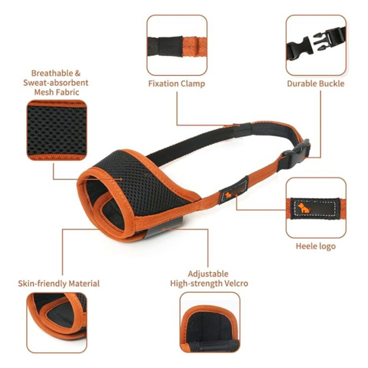 Ein Hundemaulkorb in Orange und Schwarz mit verschiedenen beschrifteten Teilen und weißem Hintergrund.