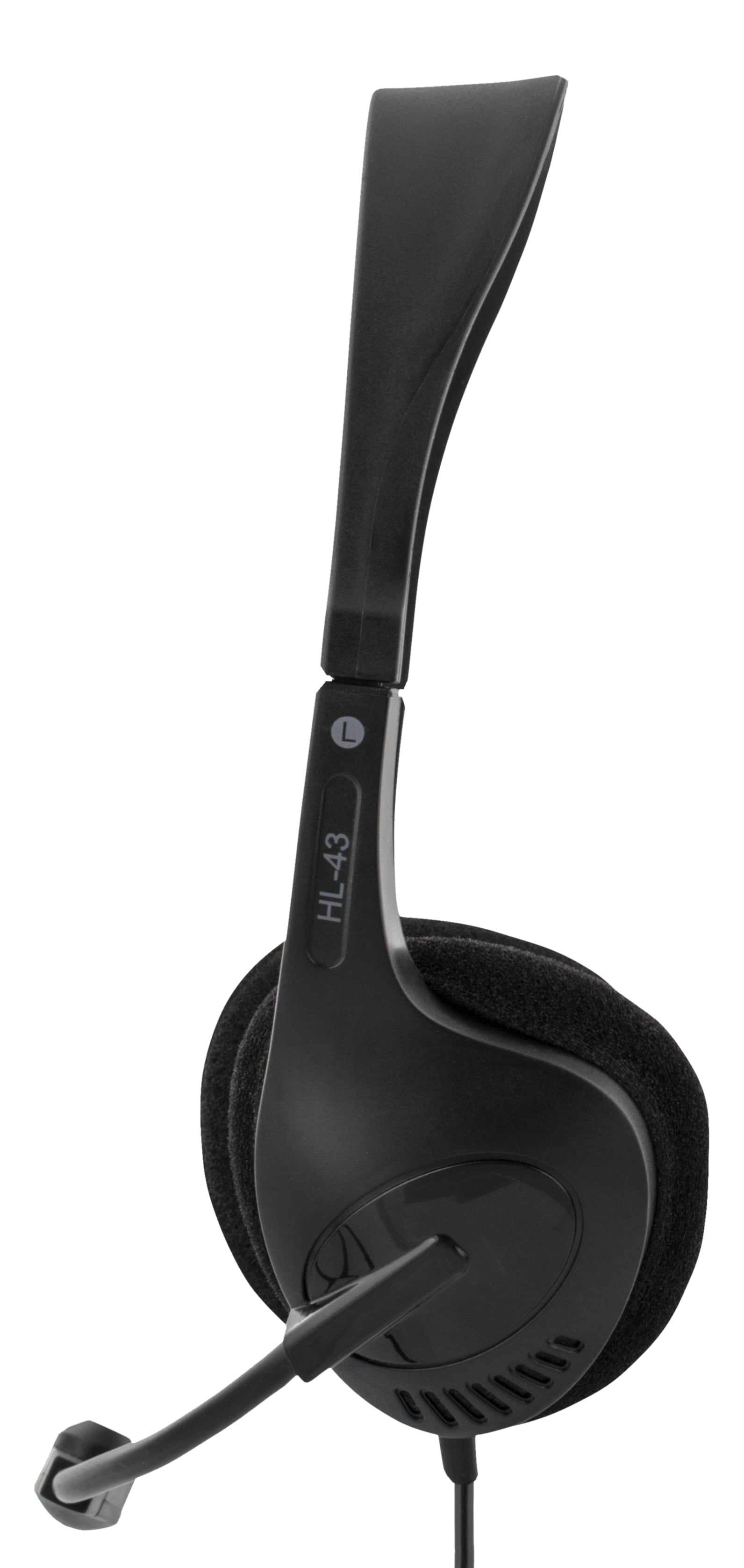 Auriculares negros con micrófono. Muestra auriculares, diadema y micrófono apuntando a la boca.