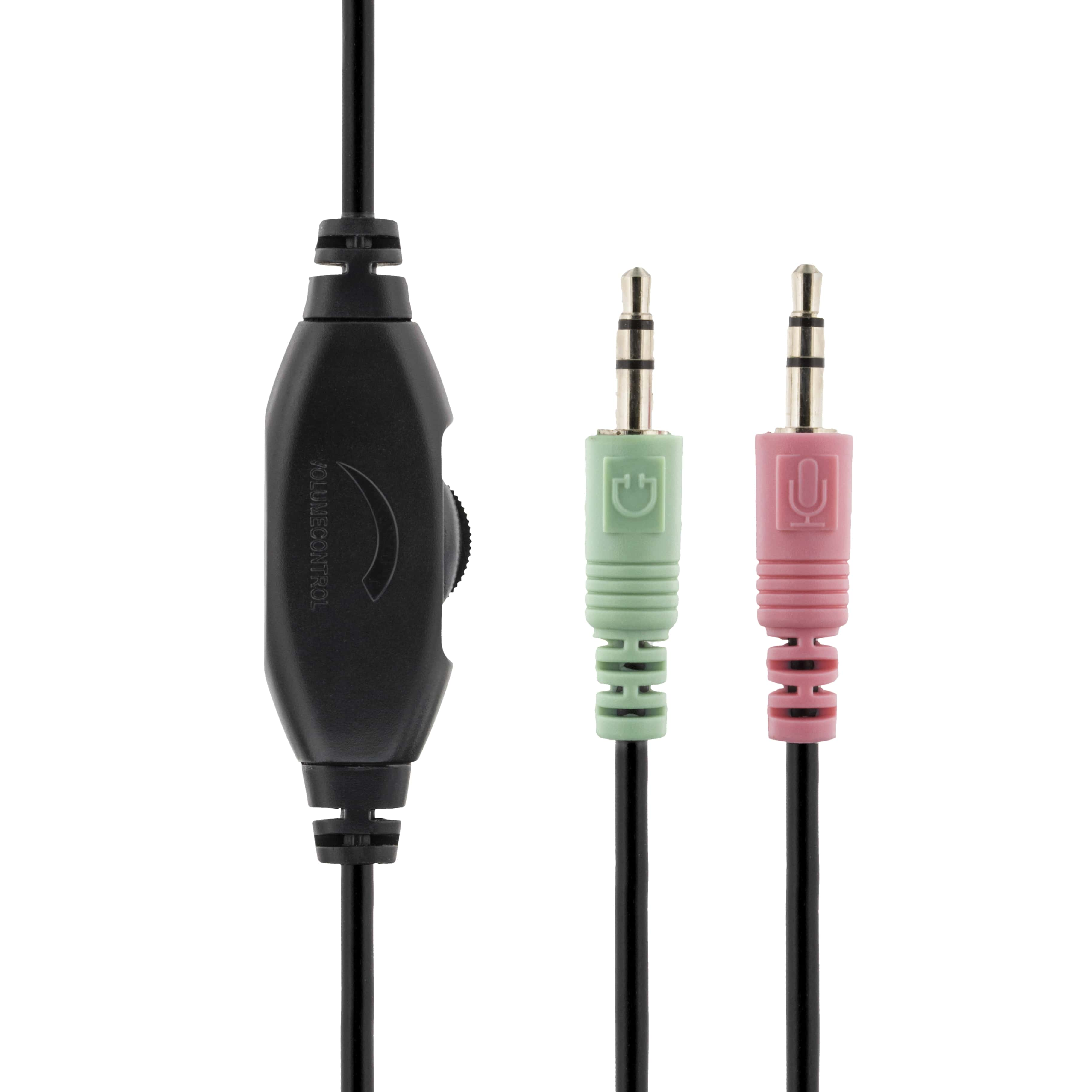 Un cable negro con control de volumen y dos conectores de audio: verde y rosa.