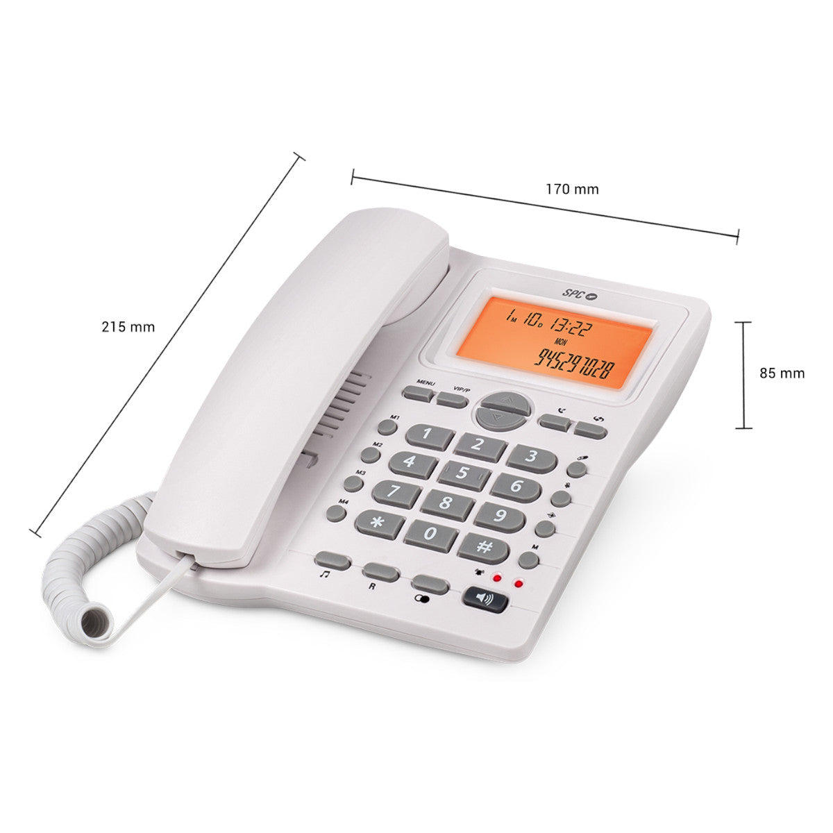 Weißes Telefon mit Display, das Zeit und Rufnummer anzeigt. Maße sind angegeben.