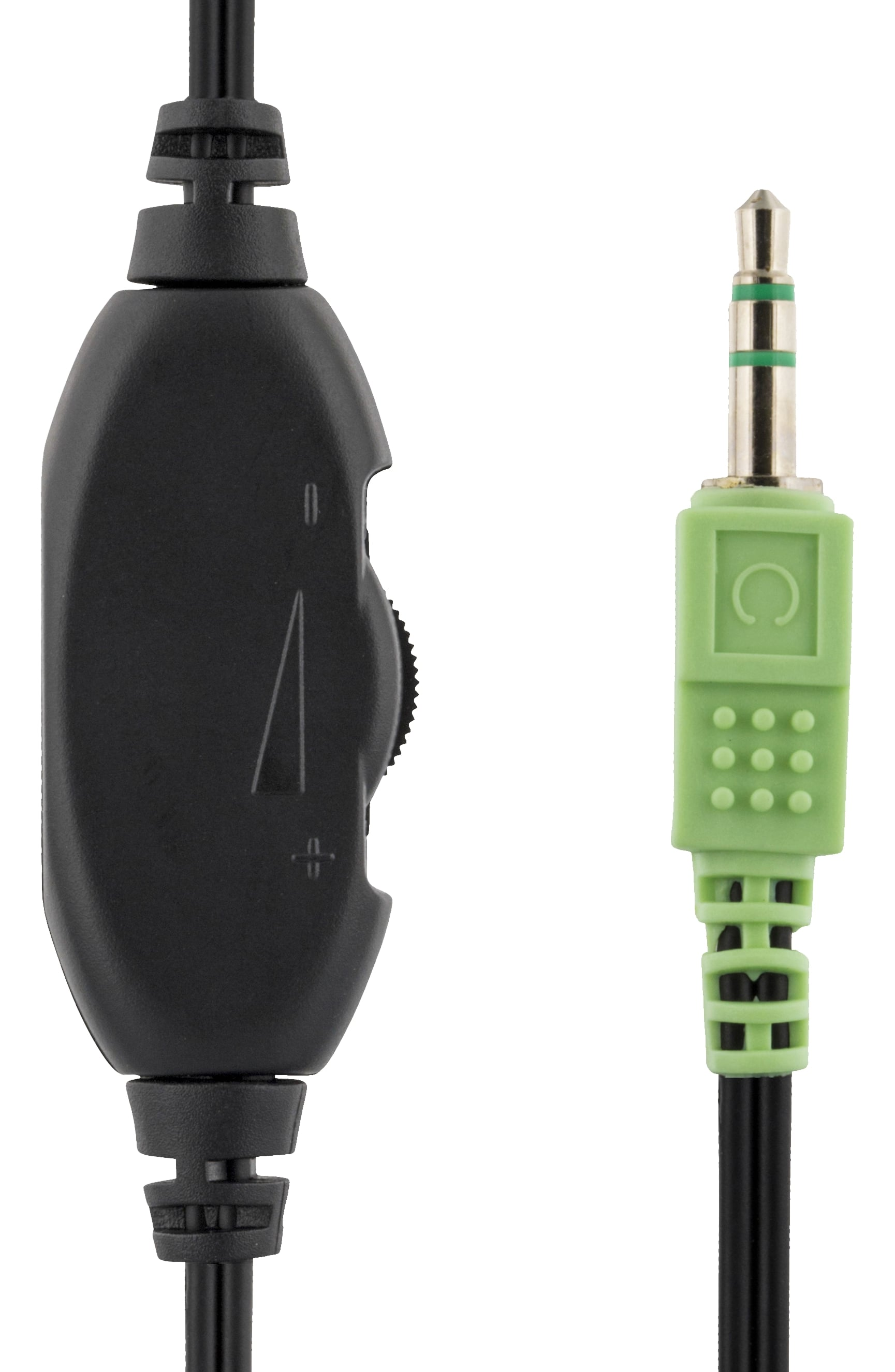 Cavo nero con controllo del volume e jack audio verde. Lo sfondo è bianco.