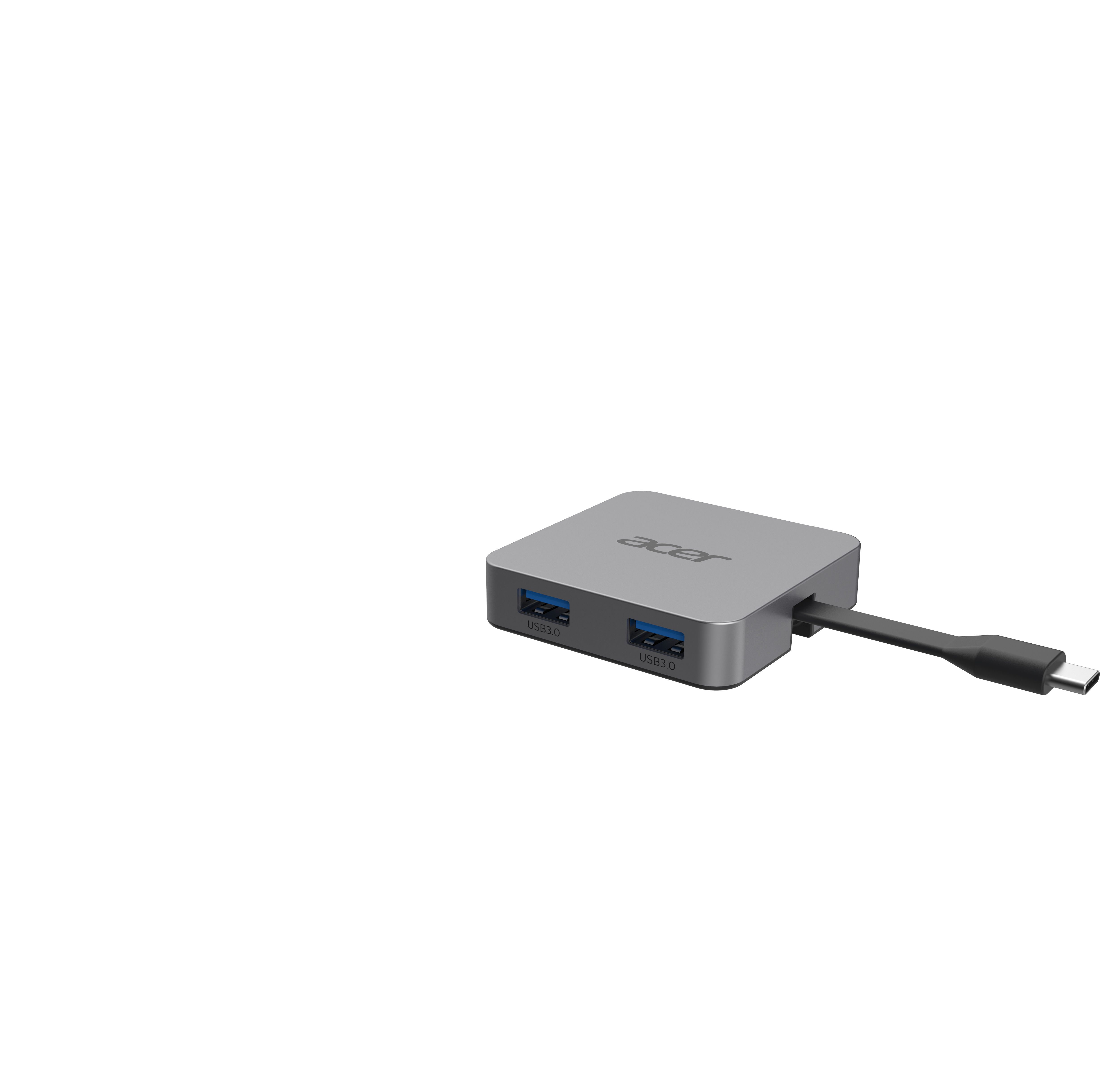 A grey Acer USB hub with two USB ports and a USB-C cable. The hub is on a white background.