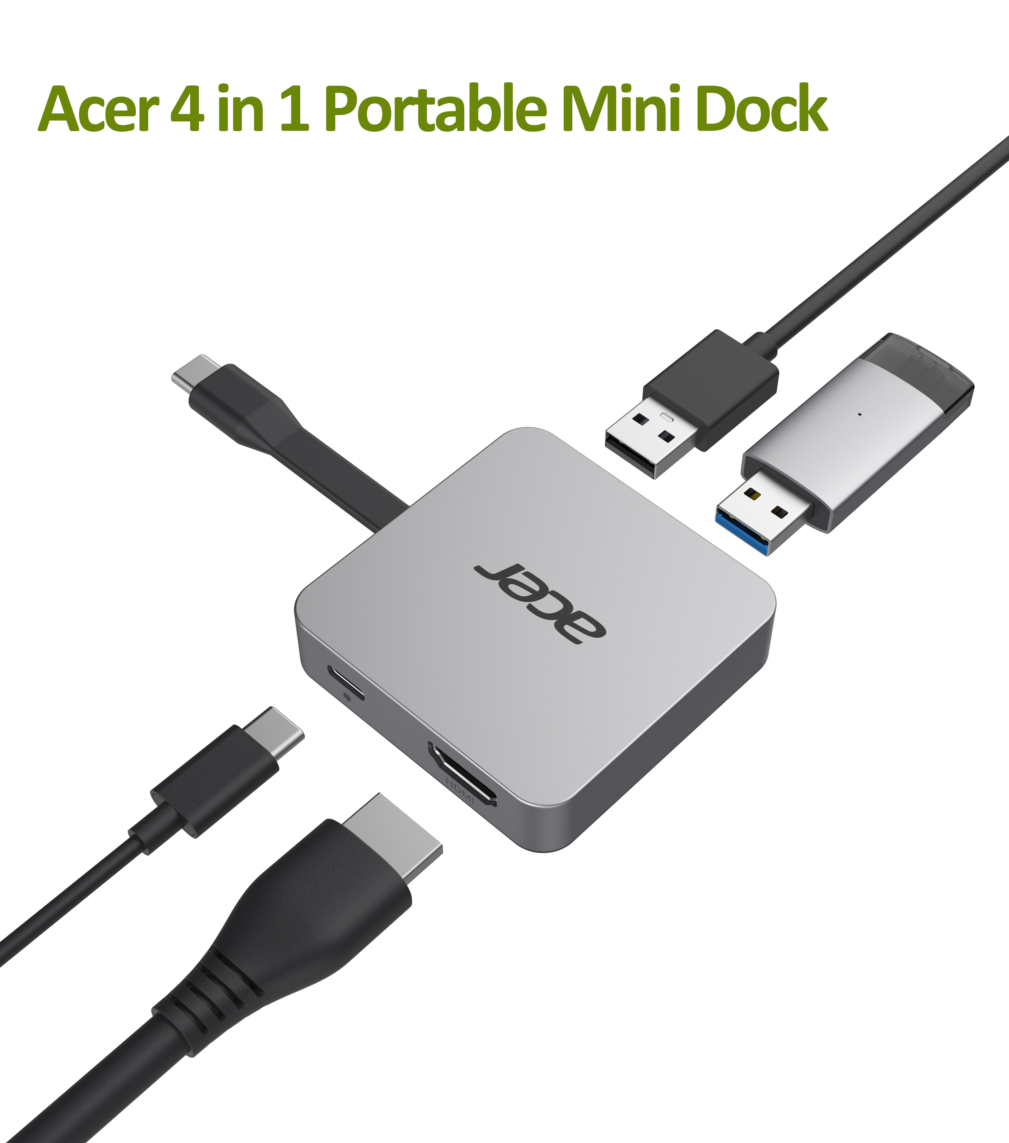 Acer 4 in 1 portable mini dock. Several cables connected to the hub, silver with black cables.