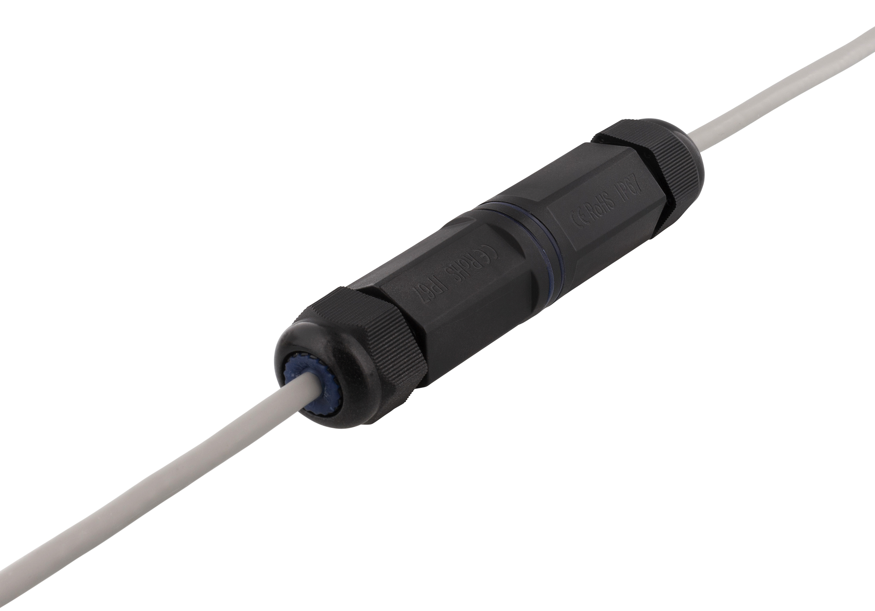 Black waterproof cable connector joining two gray wires.