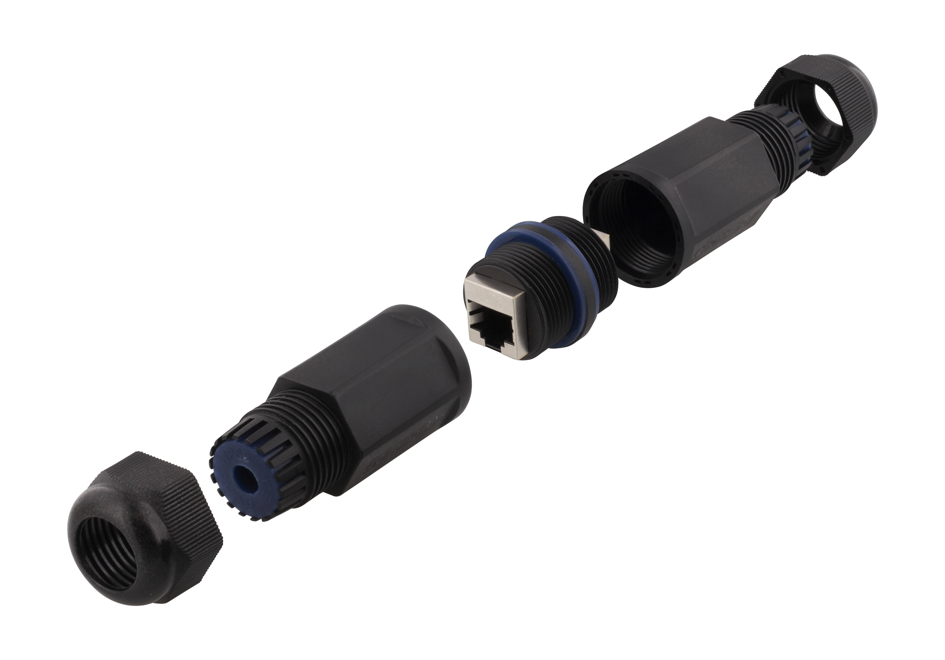 Black network cable connector set, disassembled, showing internal parts.