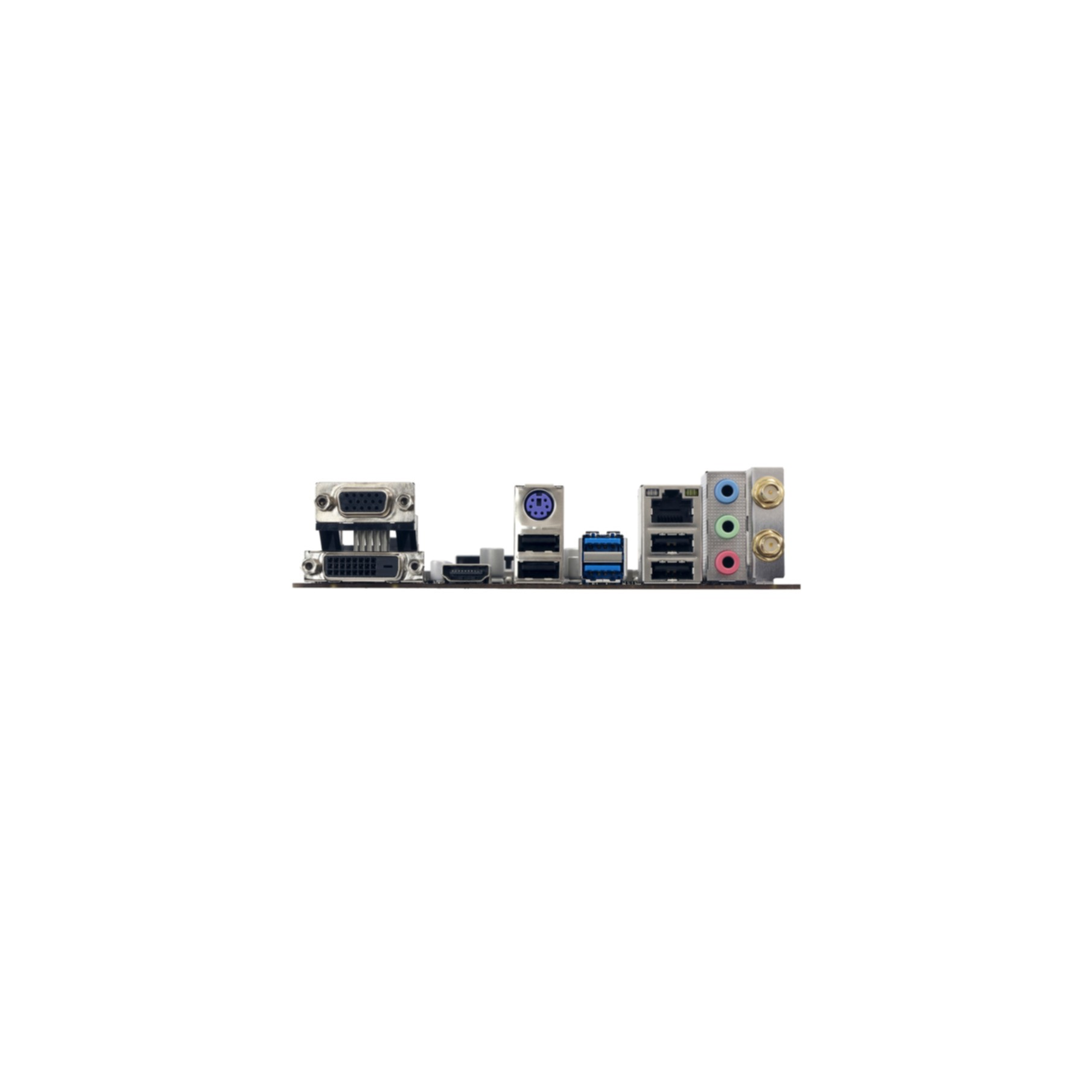 Die Rückseite eines Computer-Motherboards mit verschiedenen Anschlüssen und Steckern vor weißem Hintergrund.