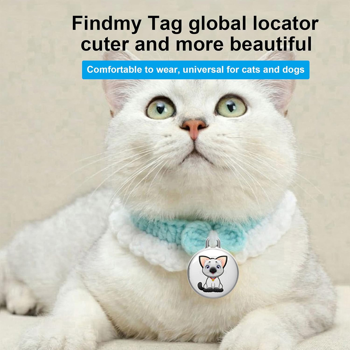 Weiße Katze mit Halsband und Haustier-Tracker. Text: Findmy Tag globaler Locator.